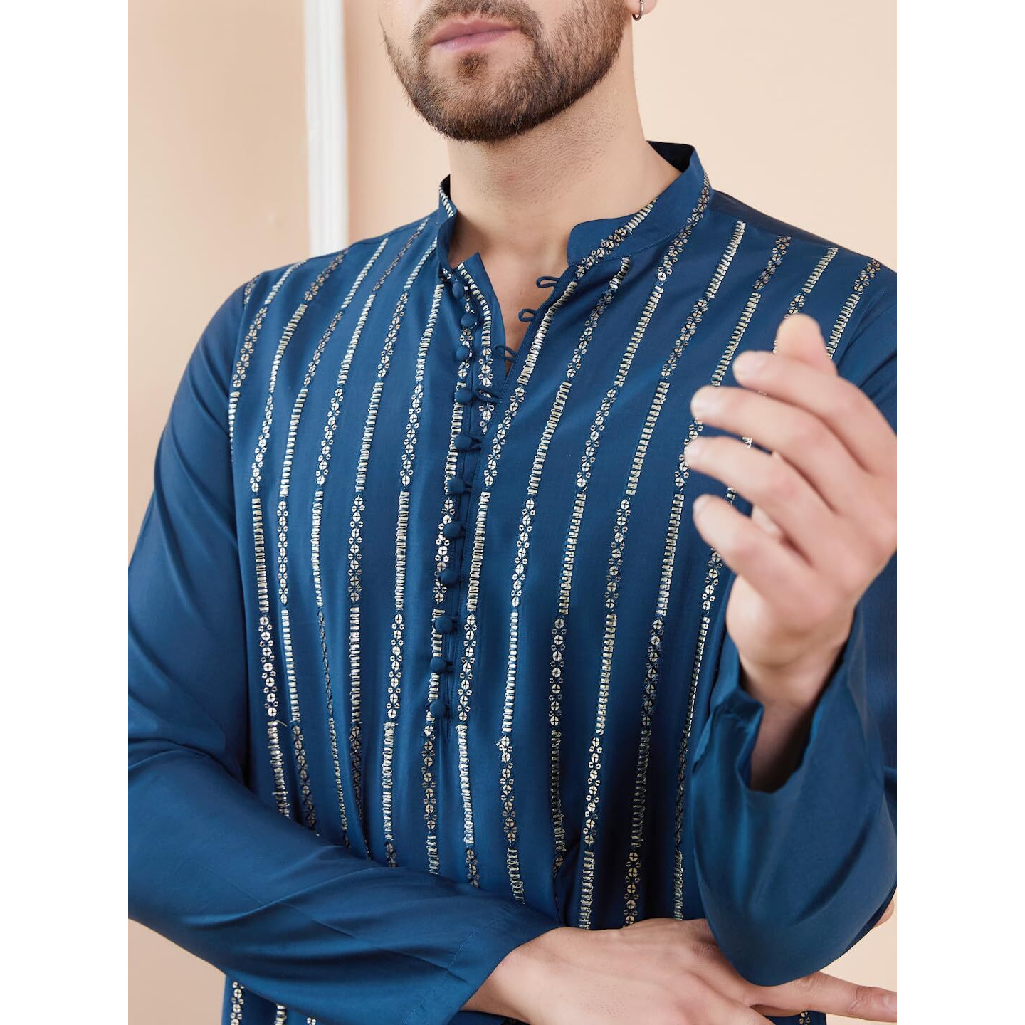 See Designs Full Sleeve Side Slit Teal And Gold Chanderi Silk Sequins Mandarin Collar Kurta With Pyjama - Sdkt242501L
