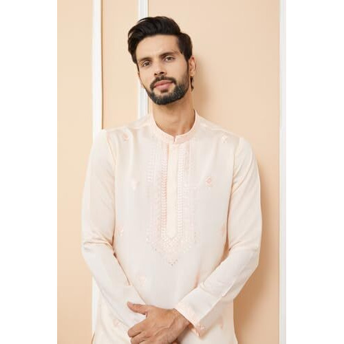 See Designs Men's Long Sleeve Mandarin Collar Side Slit Peach Embroidered Chanderi Silk Straight Kurta With Pyjama - Sdkt257106L