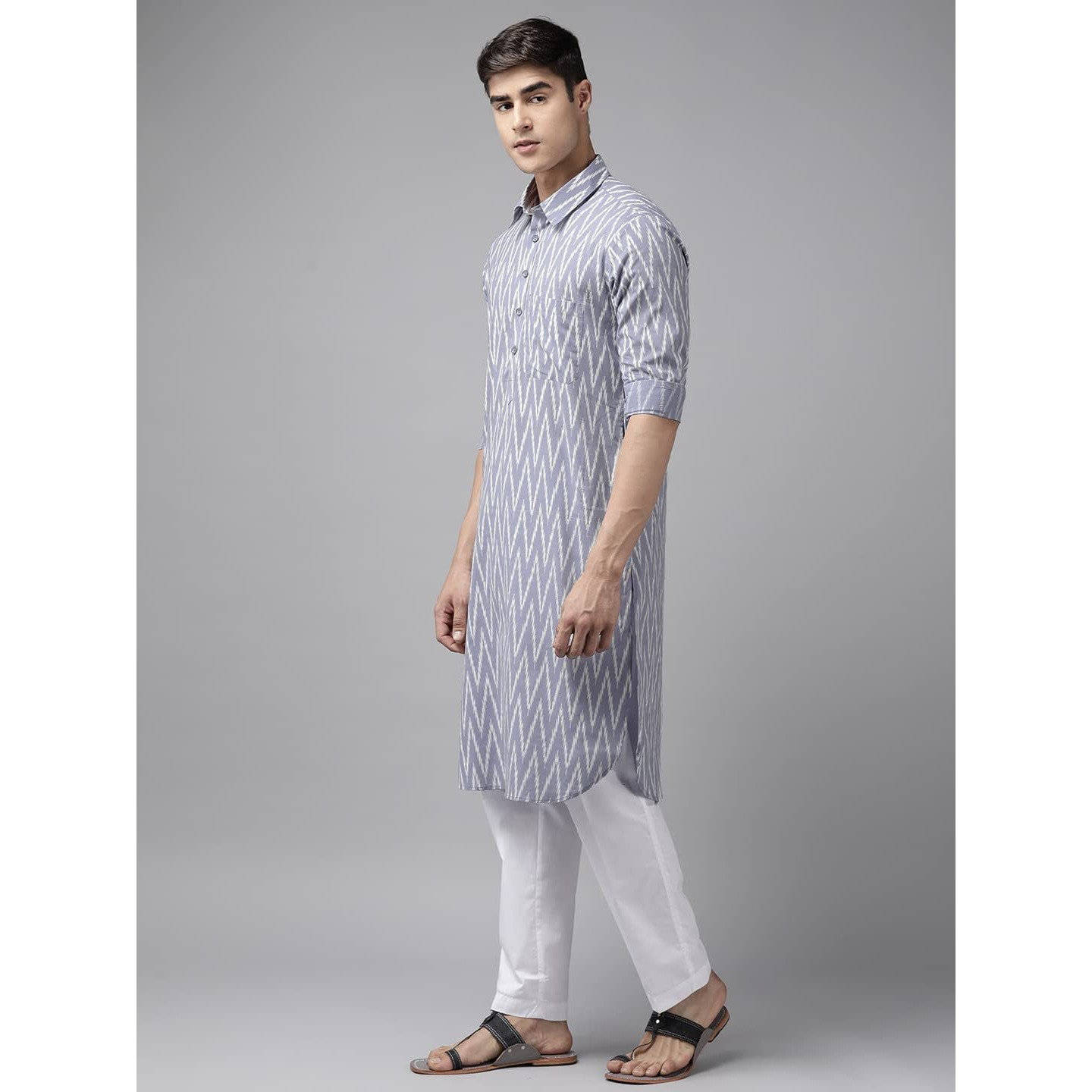 See Designs Men's Light Grey Regular Pure Cotton Pathani Printed Men's Kurta - Sdpkt_1173M