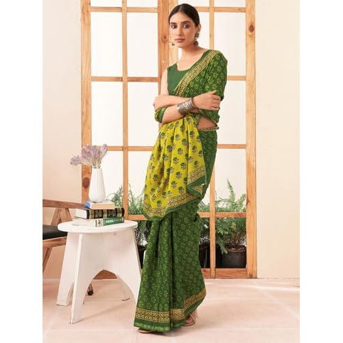 Satrani Women's Pure Cotton Printed Zari Stripe Border Saree With Unstitched Blouse Piece (3884S364N_Green)