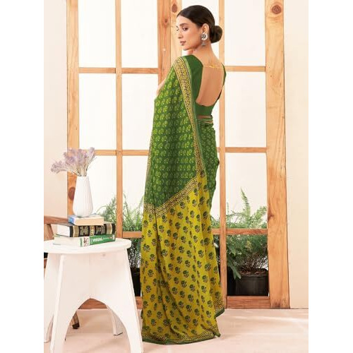 Satrani Women's Pure Cotton Printed Zari Stripe Border Saree With Unstitched Blouse Piece (3884S364N_Green)