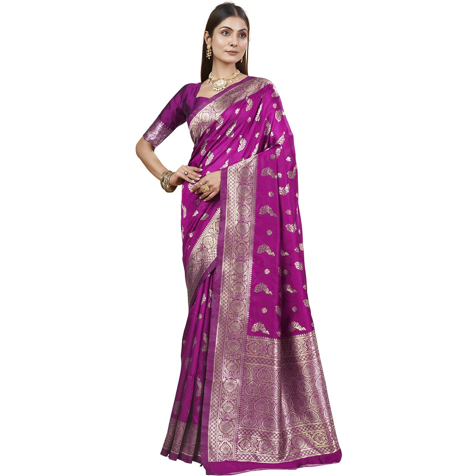 Shasmi Women's Banarasi Saree Pure Kanjivaram Silk Saree Soft New Ladies 2025 Design Wear Pattu Sarees Latest Party Sari Collections With Blouse Piece For Wedding Sadi (Pari-188 Wine)