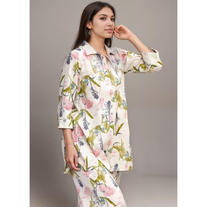 Shienzy Stylish Printed Cotton Blend Co Ord Set For Women || Casual & Festive Indo-Western Outfit || Kurta Pant Set (1592Shz_Ofwt_L) Off White