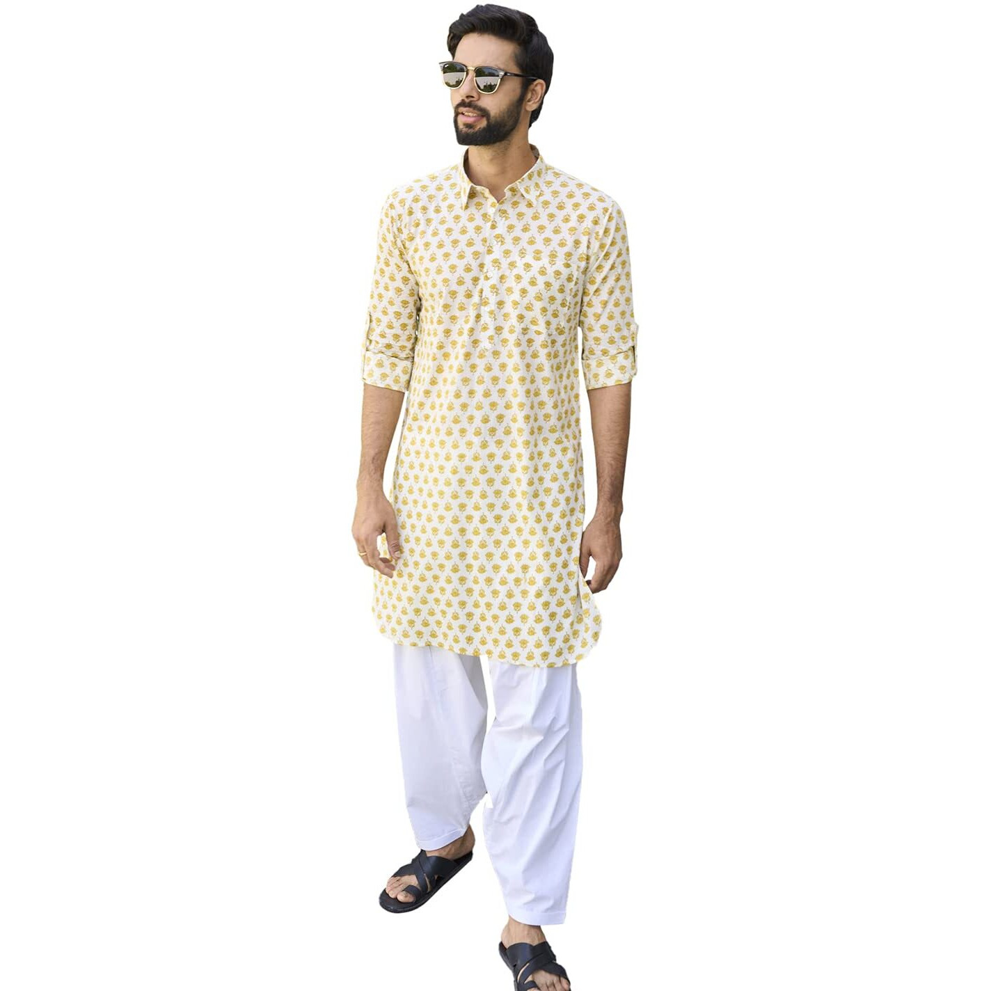 See Designs Yellow & White Cotton Regular Fit Printed Kurta Set Shirt Collar_Sdmpkt113803Xxl