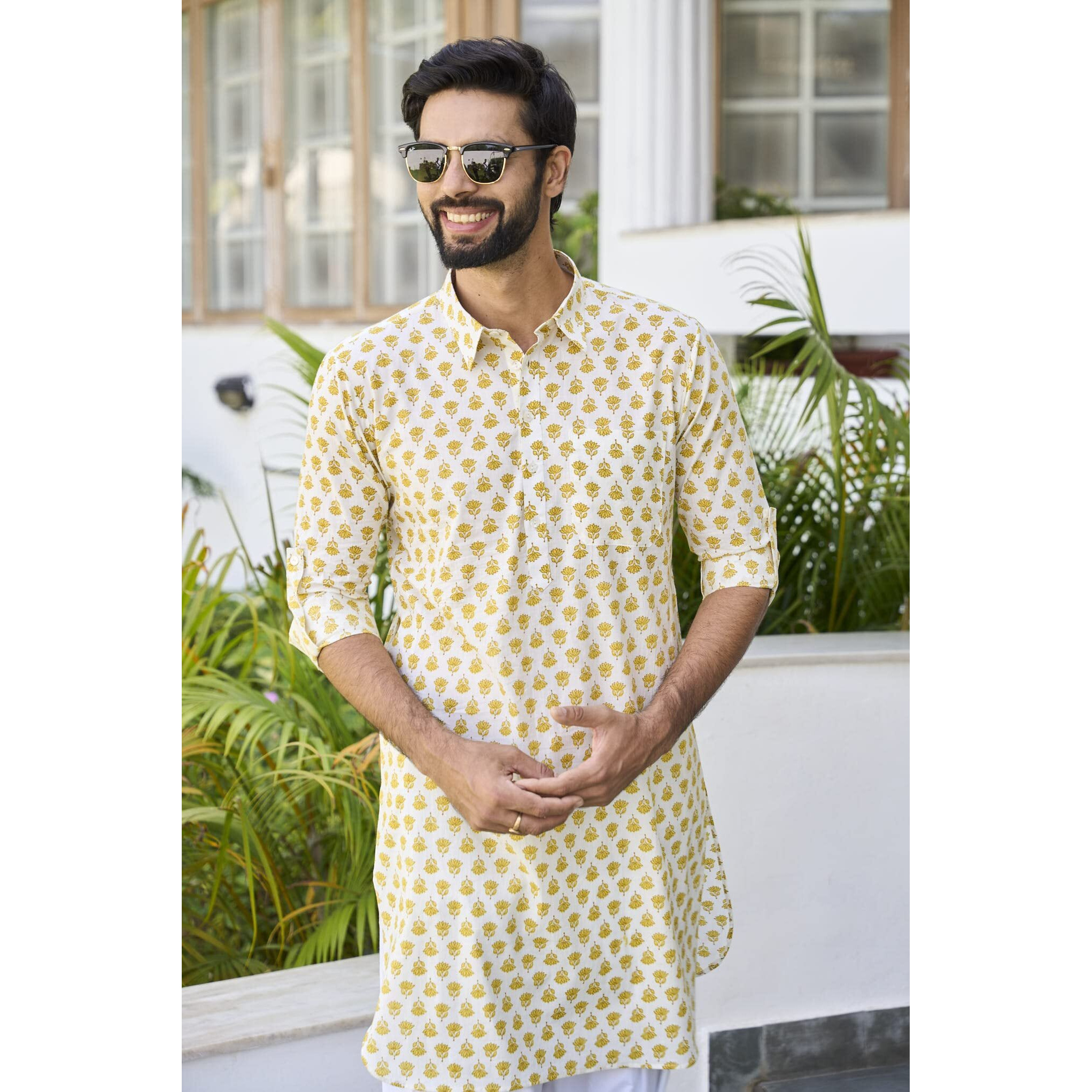 See Designs Yellow & White Cotton Regular Fit Printed Kurta Set Shirt Collar_Sdmpkt113803Xxl