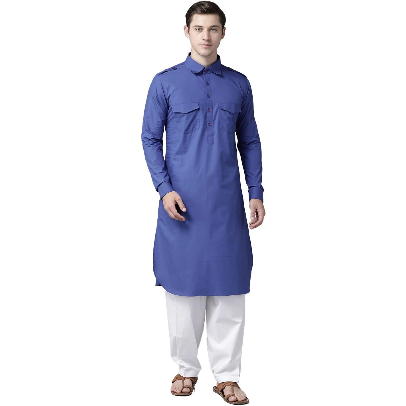 See Designs Men's Solid Cotton Curved Hemline With Shirt Collar Royal Blue Full Sleeve Pathani Kurta With Salwar - Sdkt602Xs