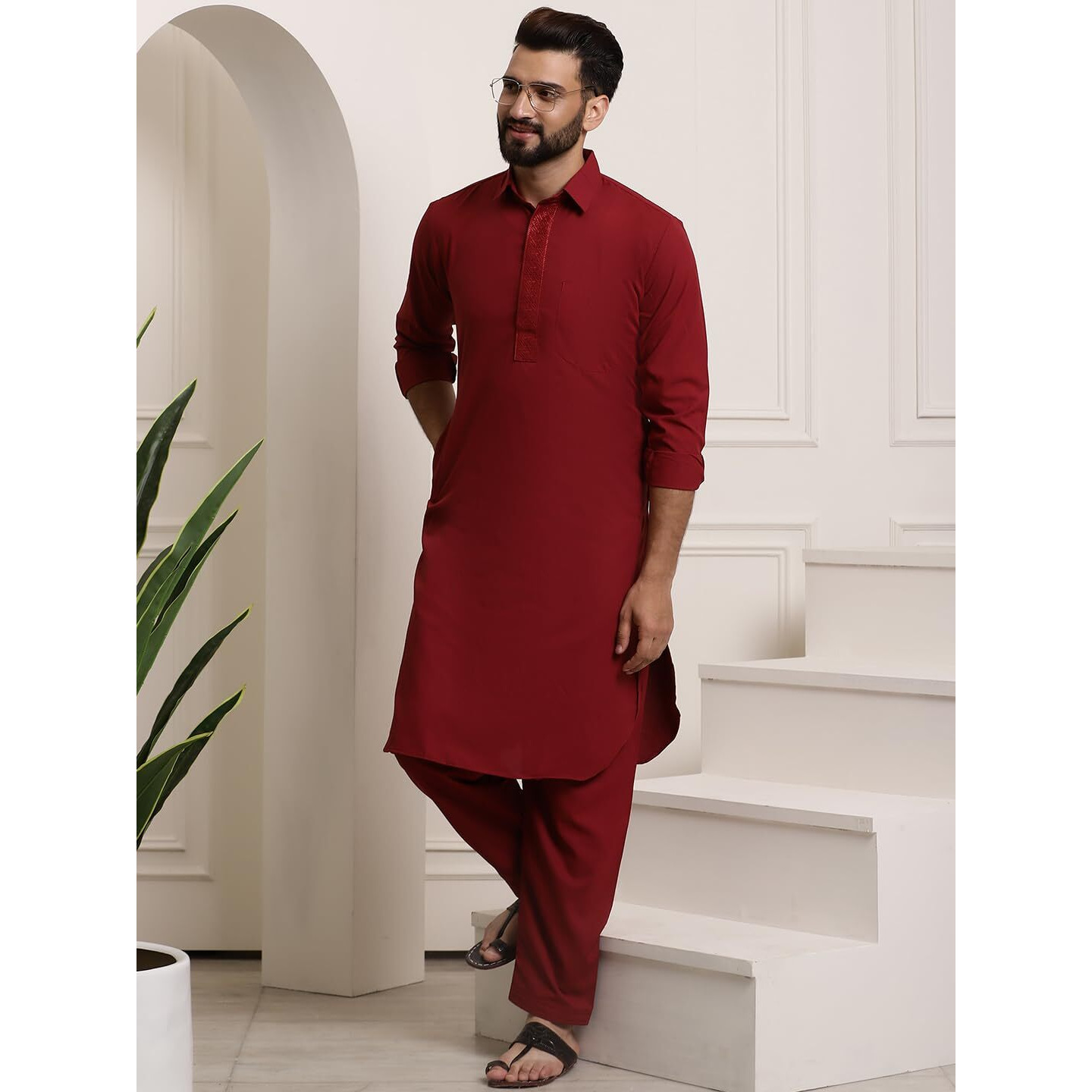 Sojanya (Since 1958 Men's Cotton Maroon Pathani Kurta Salwar Set