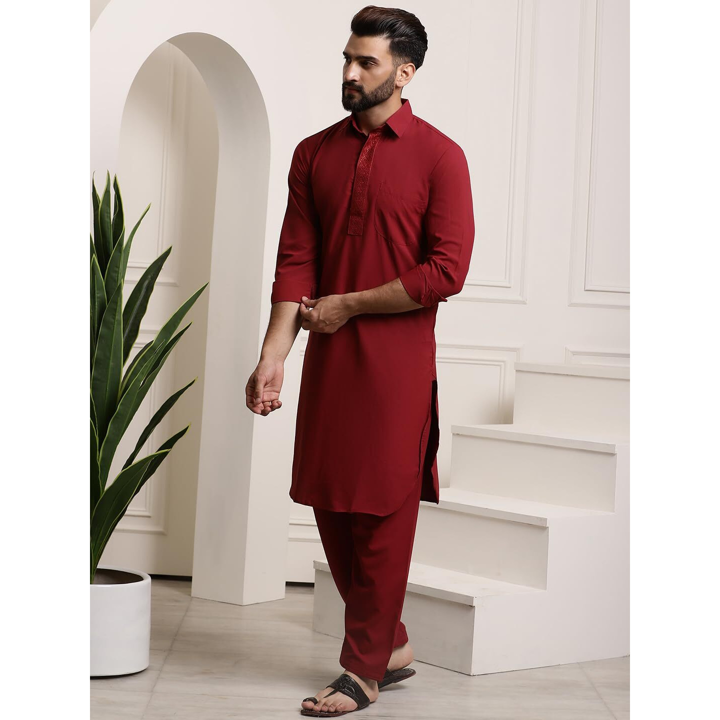 Sojanya (Since 1958 Men's Cotton Maroon Pathani Kurta Salwar Set