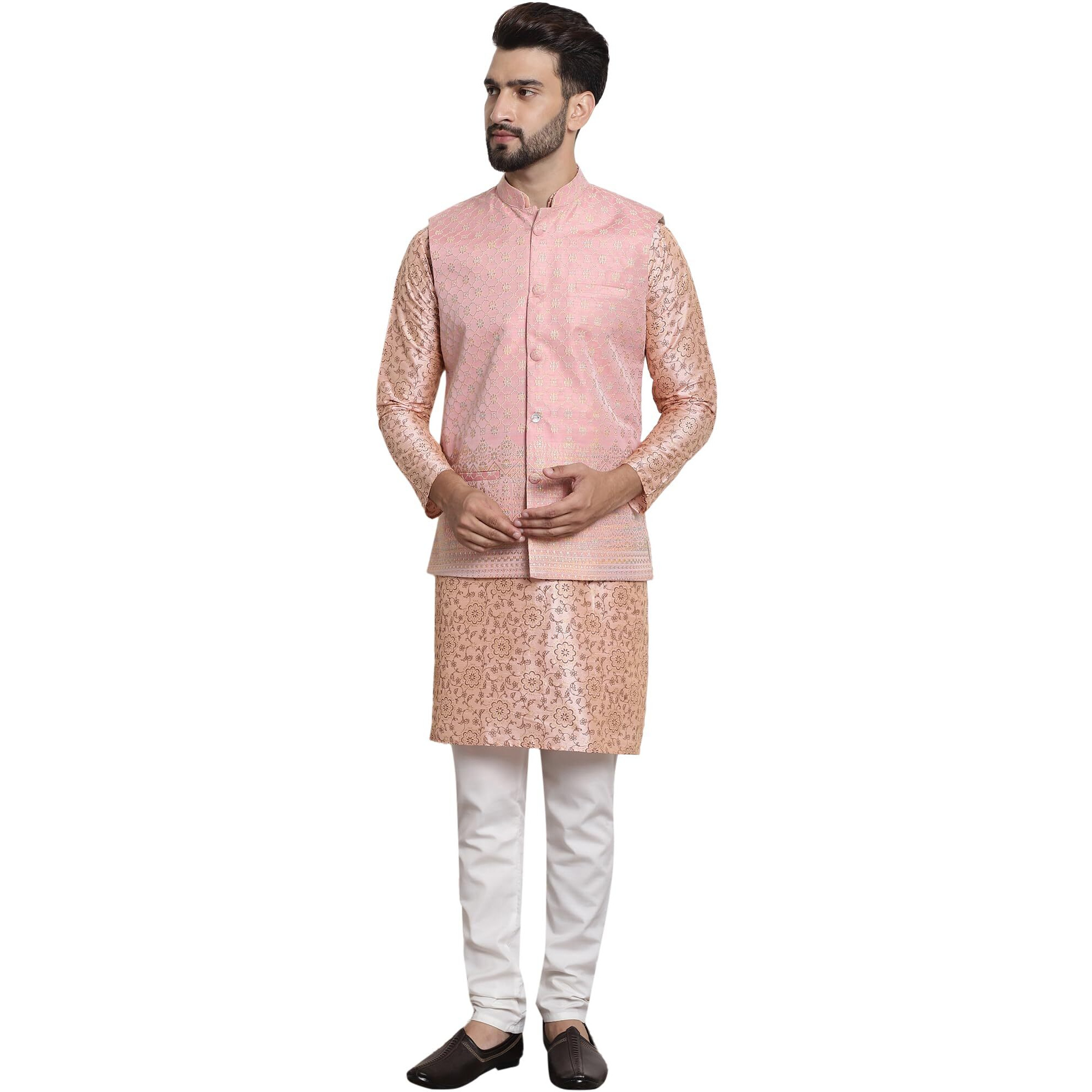 Sojanya (Since 1958 Men's Silk Blend Print Pink Kurta And Off-White Pyjama With Pink Nehrujacket