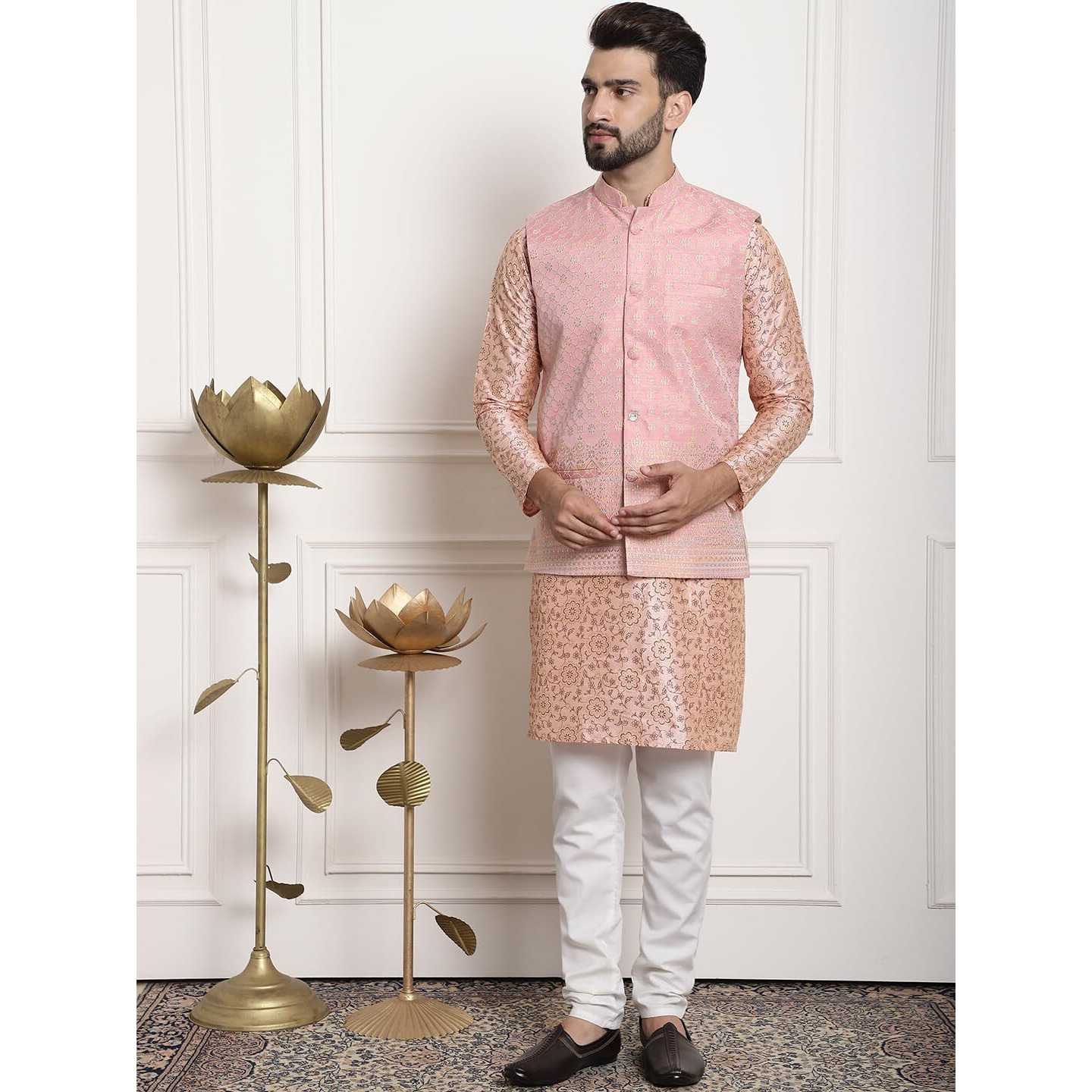 Sojanya (Since 1958 Men's Silk Blend Print Pink Kurta And Off-White Pyjama With Pink Nehrujacket