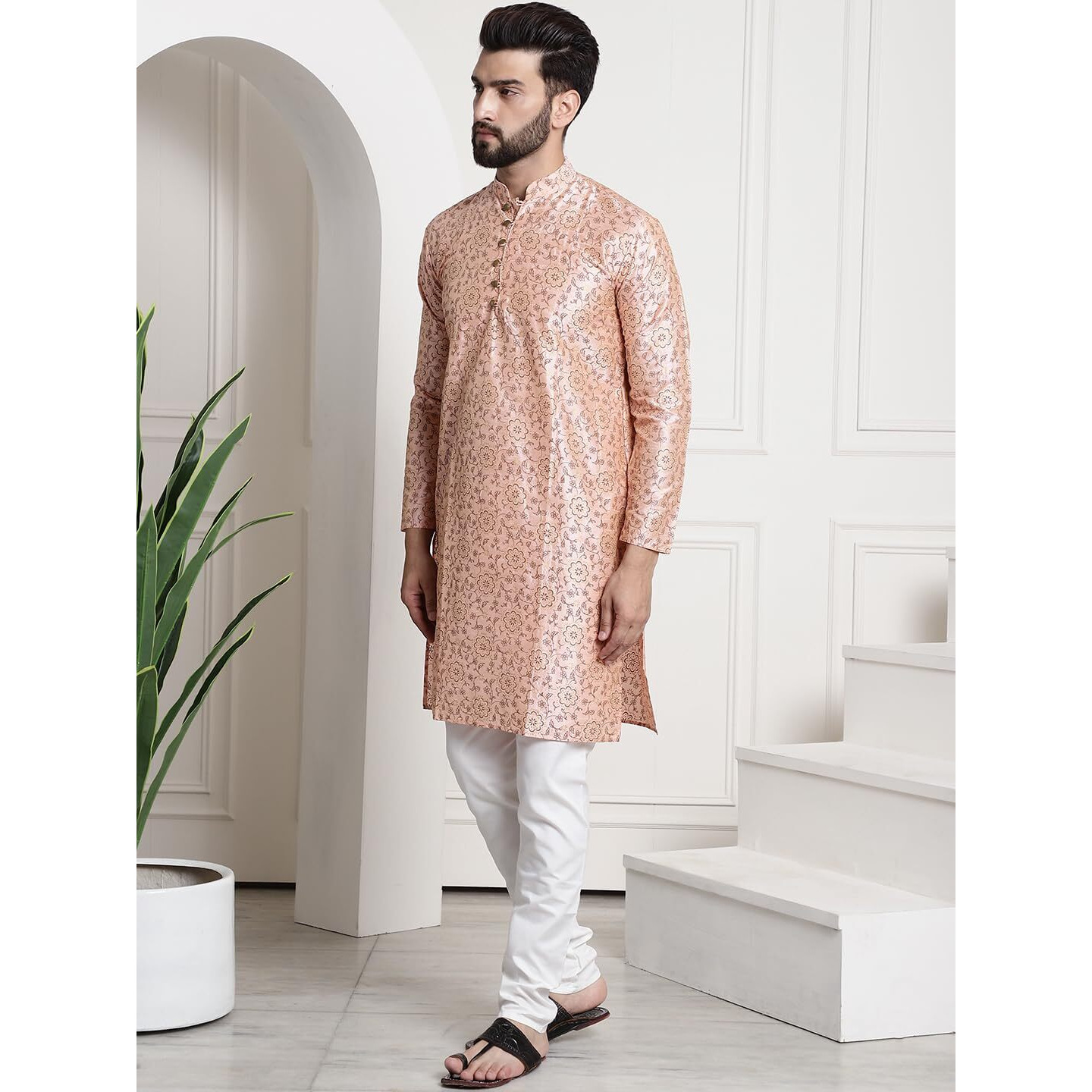 Sojanya (Since 1958 Men's Silk Blend Print Pink Kurta And Off-White Pyjama With Pink Nehrujacket