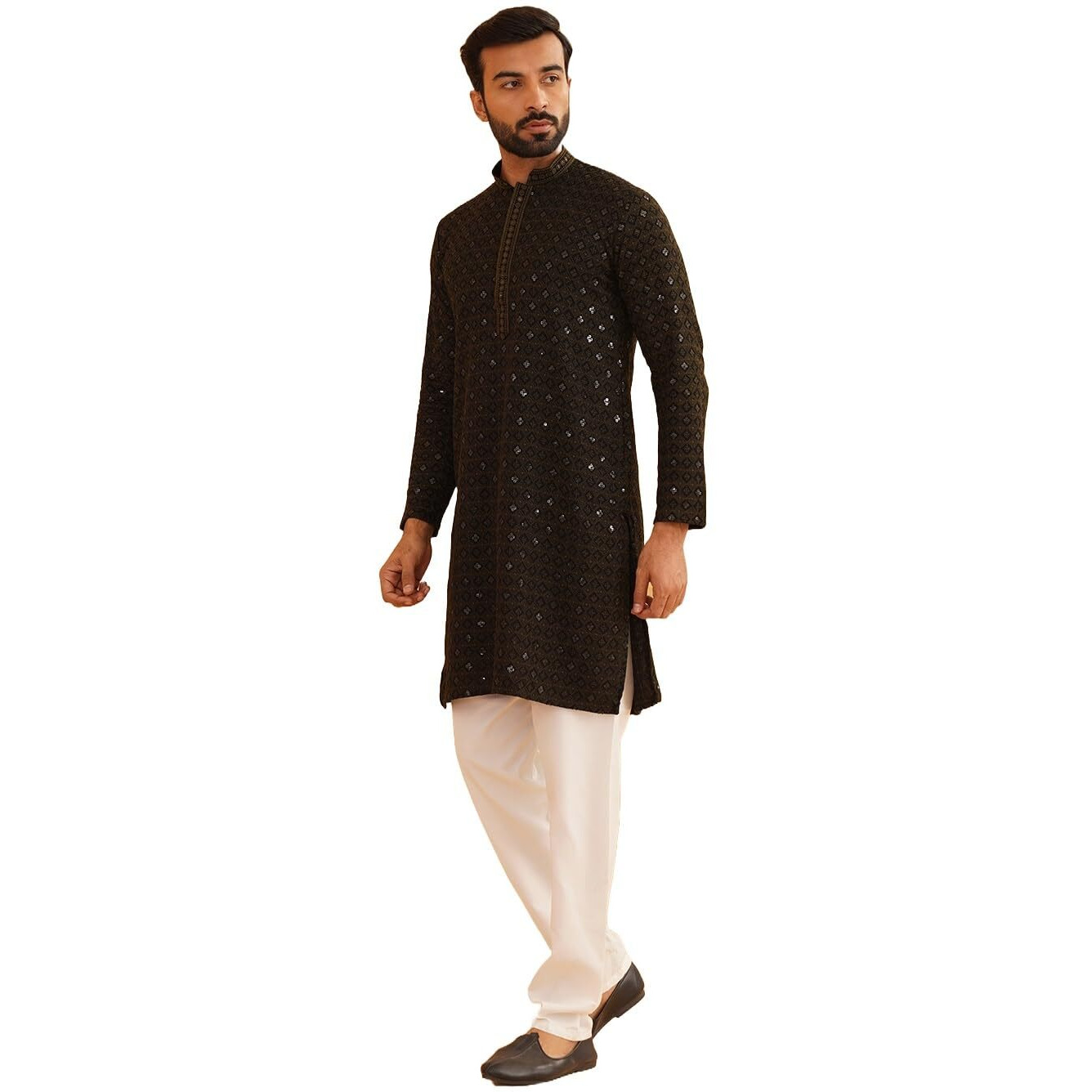 Sojanya (Since 1958 Men's Cotton Gold Embroidered Sequinned Mehndi Kurta With White Churidar Pyjama
