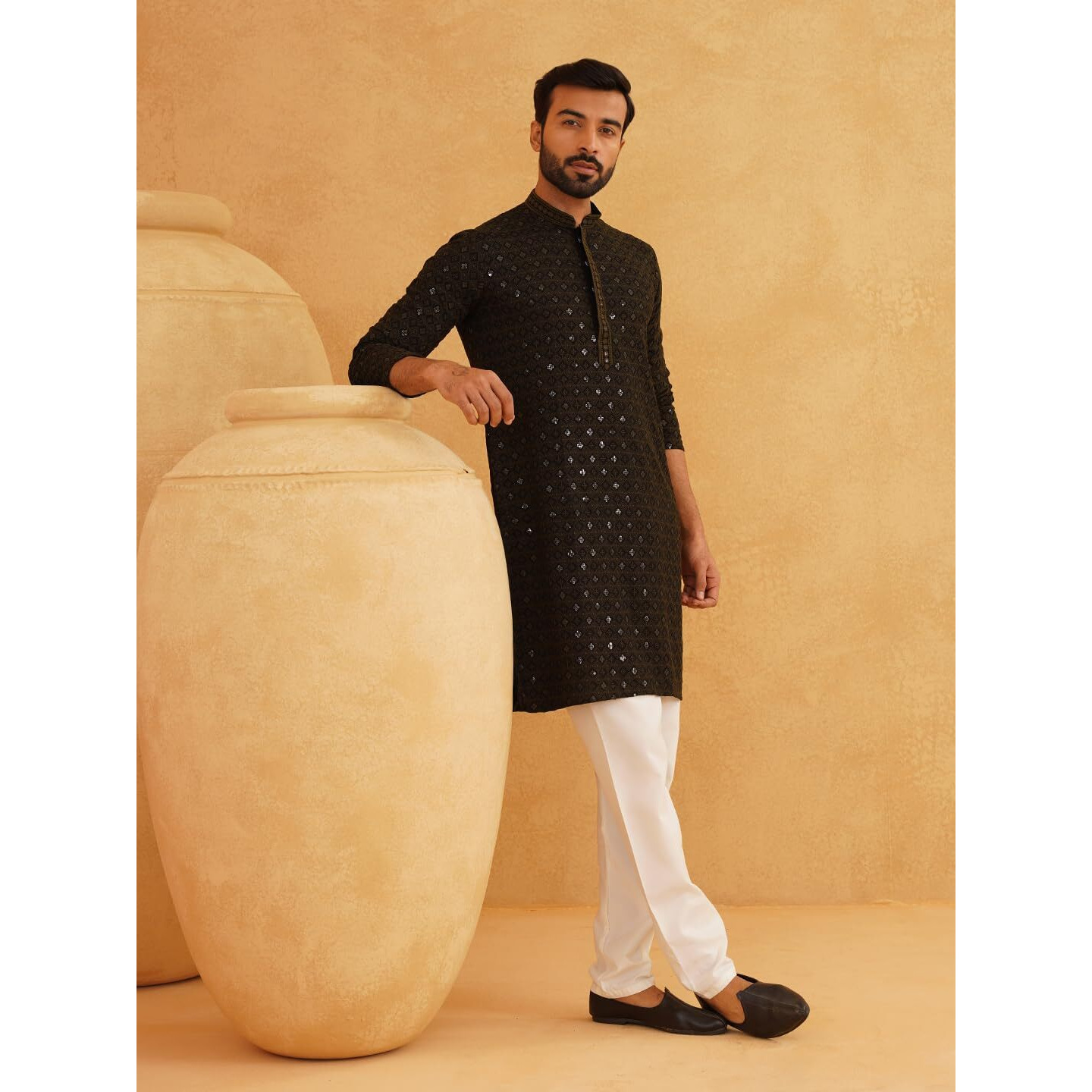 Sojanya (Since 1958 Men's Cotton Gold Embroidered Sequinned Mehndi Kurta With White Churidar Pyjama