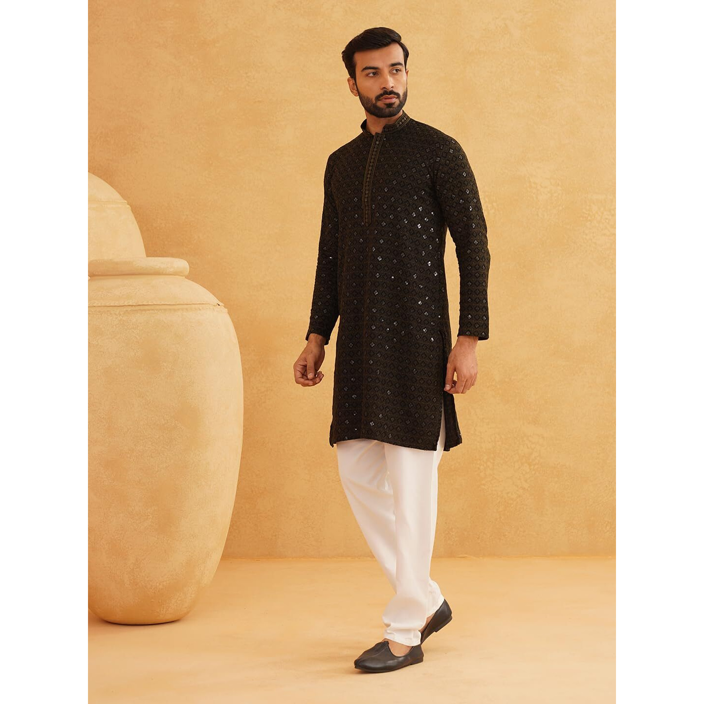 Sojanya (Since 1958 Men's Cotton Gold Embroidered Sequinned Mehndi Kurta With White Churidar Pyjama
