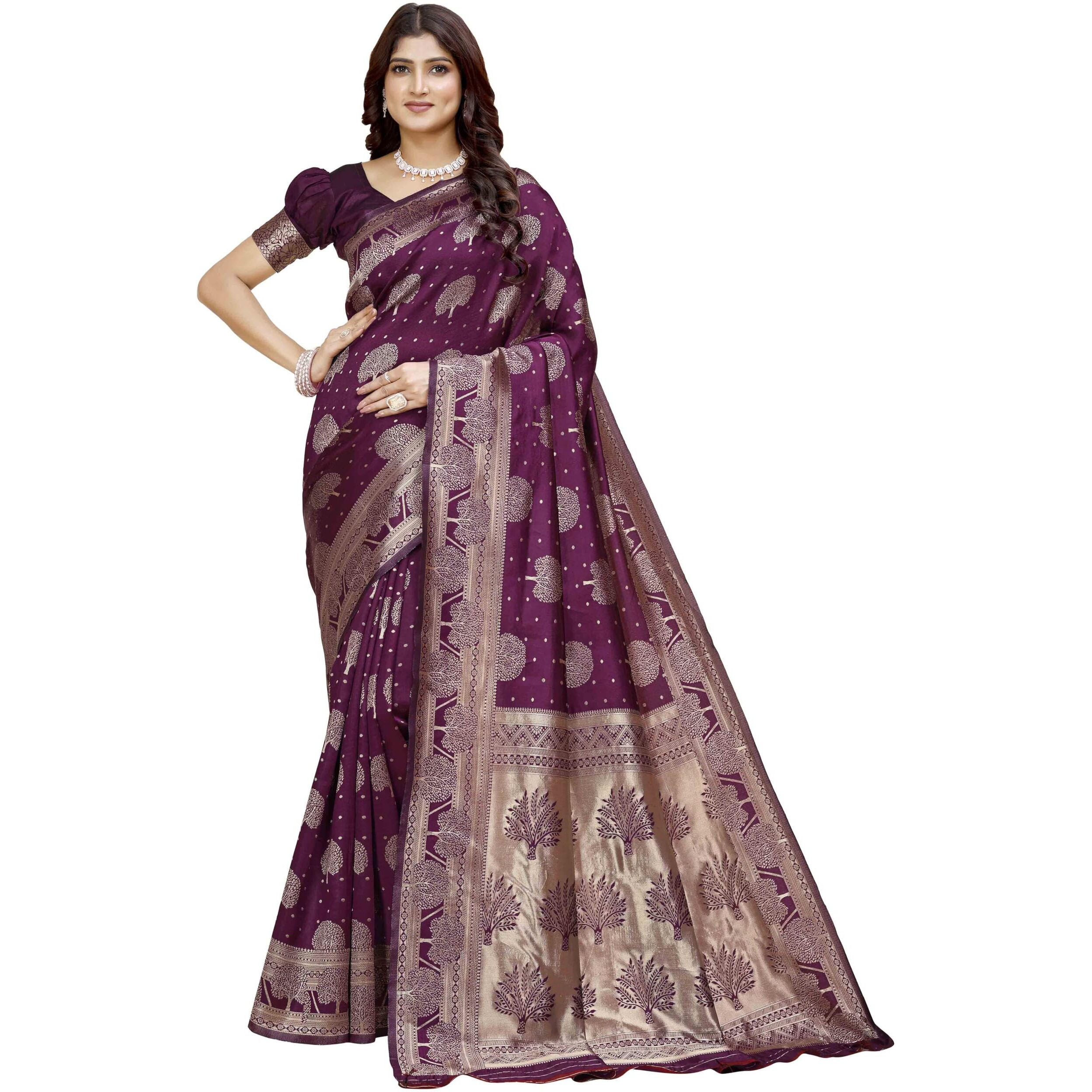 Shasmi Women's Banarasi Saree Pure Kanjivaram Silk Saree Soft New Ladies 2025 Design Wear Pattu Sarees Latest Party Sari Collections With Blouse Piece For Wedding Sadi (Pari-217 Wine)