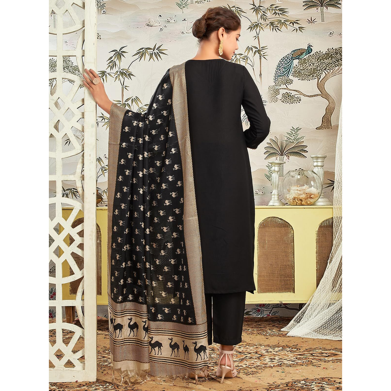 Sanisa Women's Rayon Blend Gota Lace Work Straight Kurta With Pant And Dupatta Set (209Kbd2212N-Xxl_Black2)