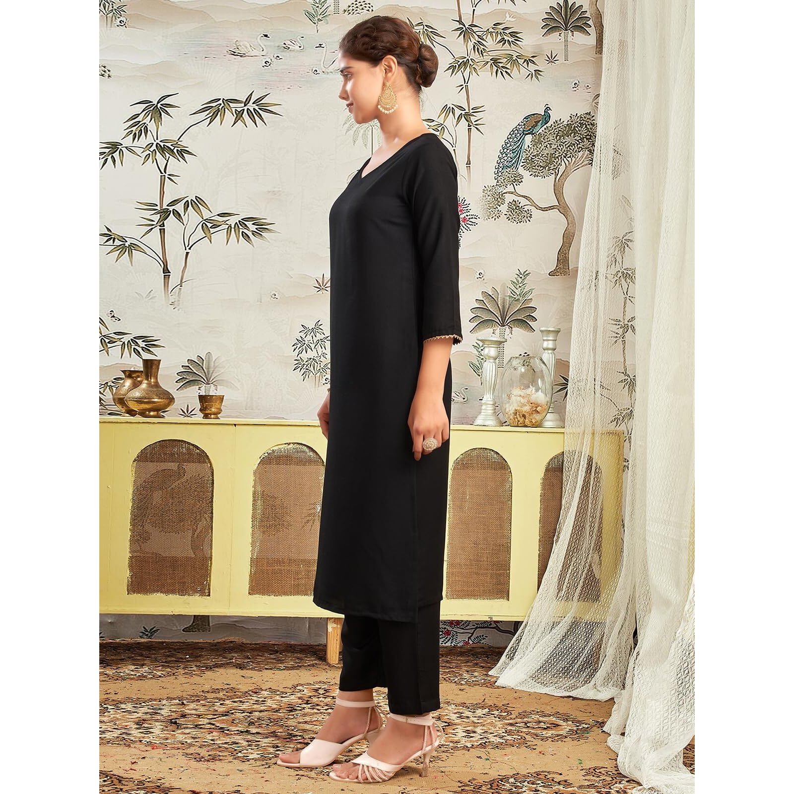 Sanisa Women's Rayon Blend Gota Lace Work Straight Kurta With Pant And Dupatta Set (209Kbd2212N-Xxl_Black2)