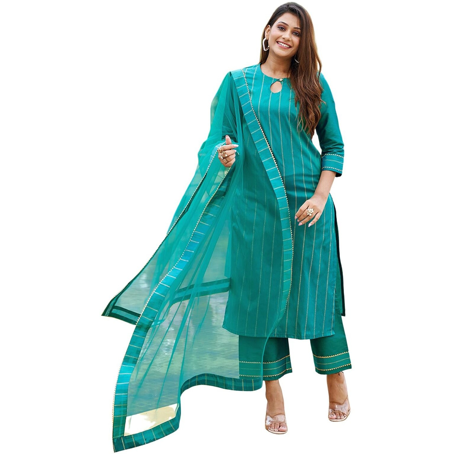 Sanisa Women's Taffeta Foil Printed Straight Kurta With Pant And Dupatta Set (103Kbd1125Nr-Xl_Rama Green (Dual Tone))