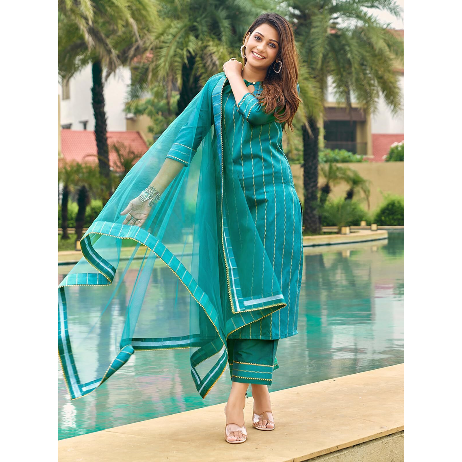 Sanisa Women's Taffeta Foil Printed Straight Kurta With Pant And Dupatta Set (103Kbd1125Nr-Xl_Rama Green (Dual Tone))