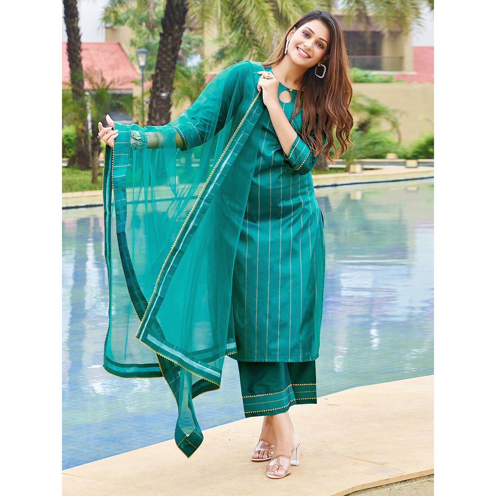 Sanisa Women's Taffeta Foil Printed Straight Kurta With Pant And Dupatta Set (103Kbd1125Nr-Xl_Rama Green (Dual Tone))