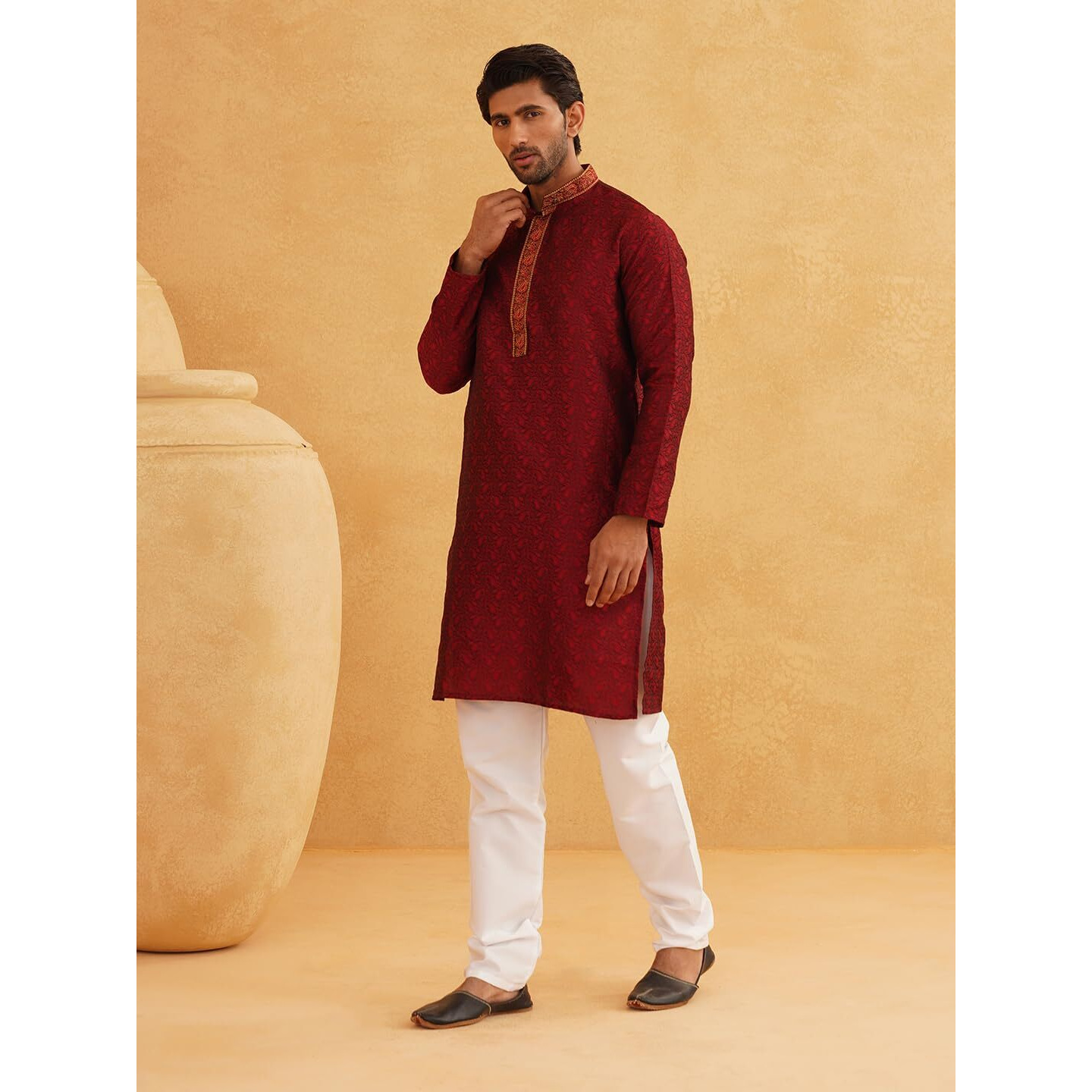 Sojanya (Since 1958 Men's Silk Blend Paisley Design Maroon Long Kurta