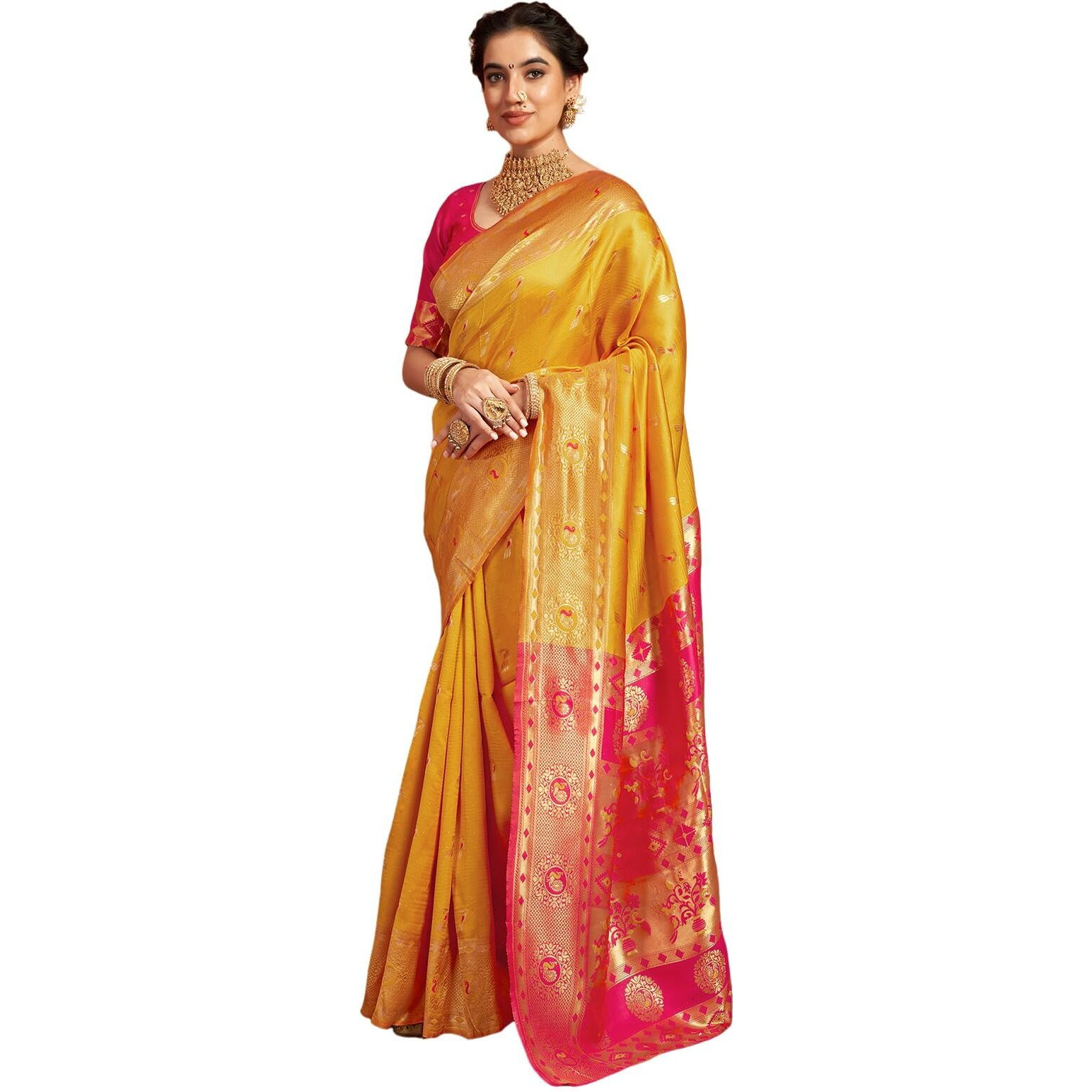 Satrani Women's Silk Paithani Jacquard Saree With Unstitched Blouse Piece (4047S6323N_Yellow & Magenta)