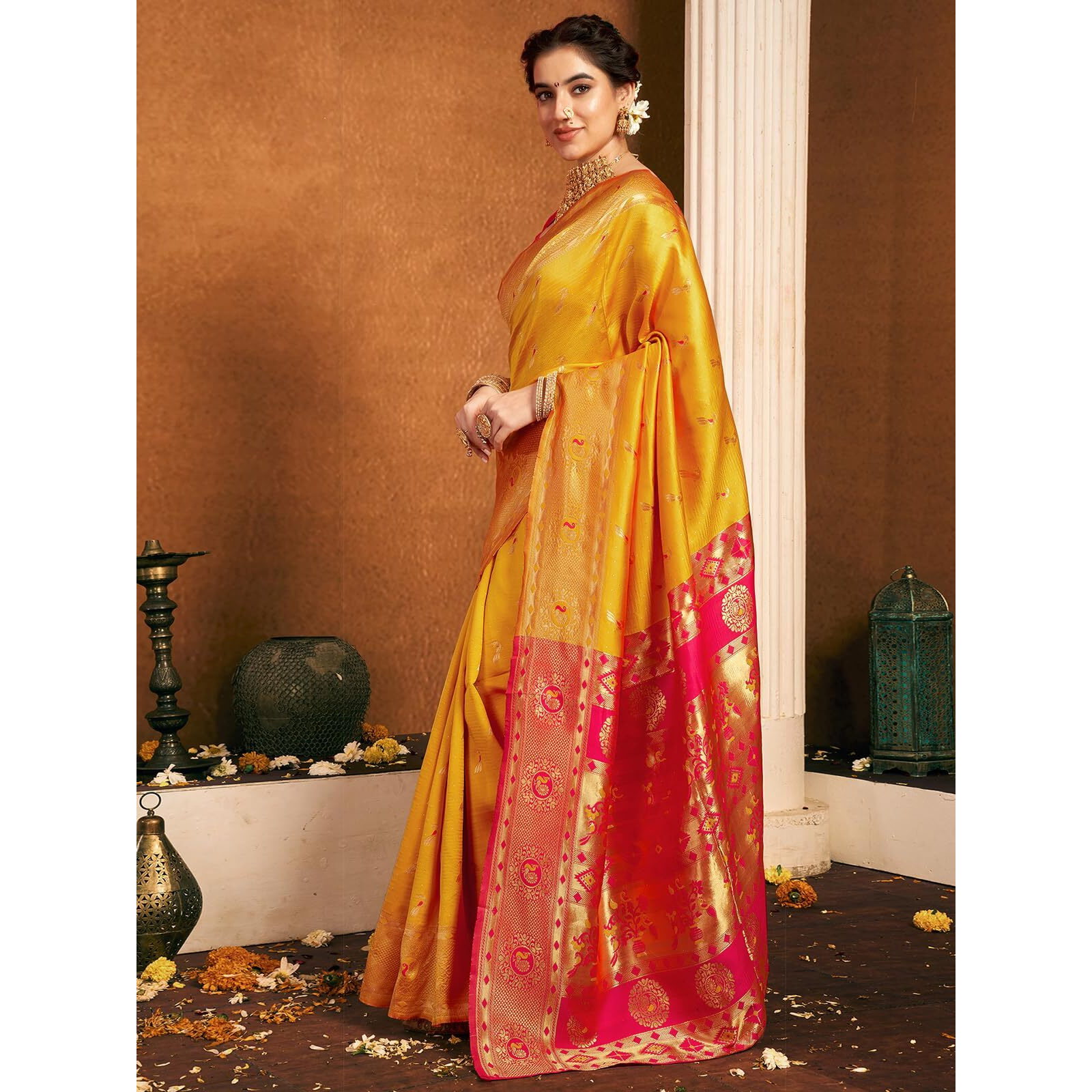 Satrani Women's Silk Paithani Jacquard Saree With Unstitched Blouse Piece (4047S6323N_Yellow & Magenta)