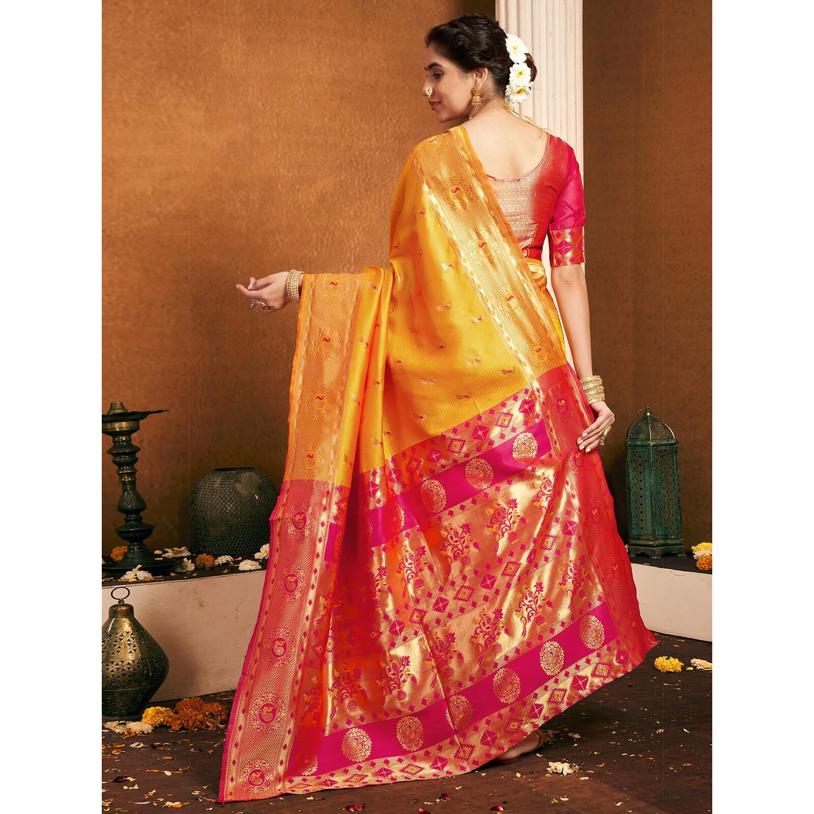 Satrani Women's Silk Paithani Jacquard Saree With Unstitched Blouse Piece (4047S6323N_Yellow & Magenta)