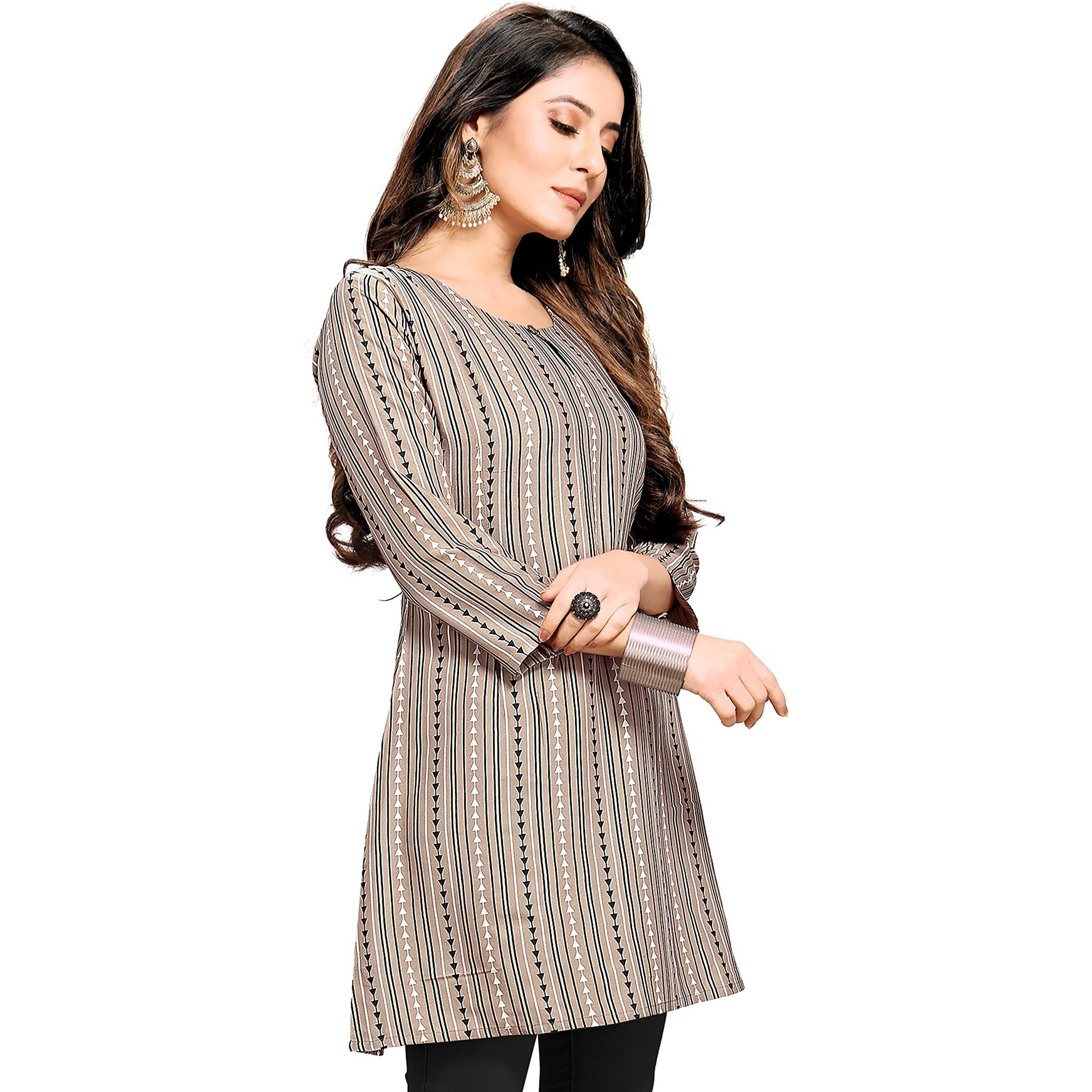 Shiv Textiles Rayon Fabric Printed Round Neck Short Kurtis For Women Top Dresses Kurti For Ladies & Girls Kurtis (Chiku_Xs)