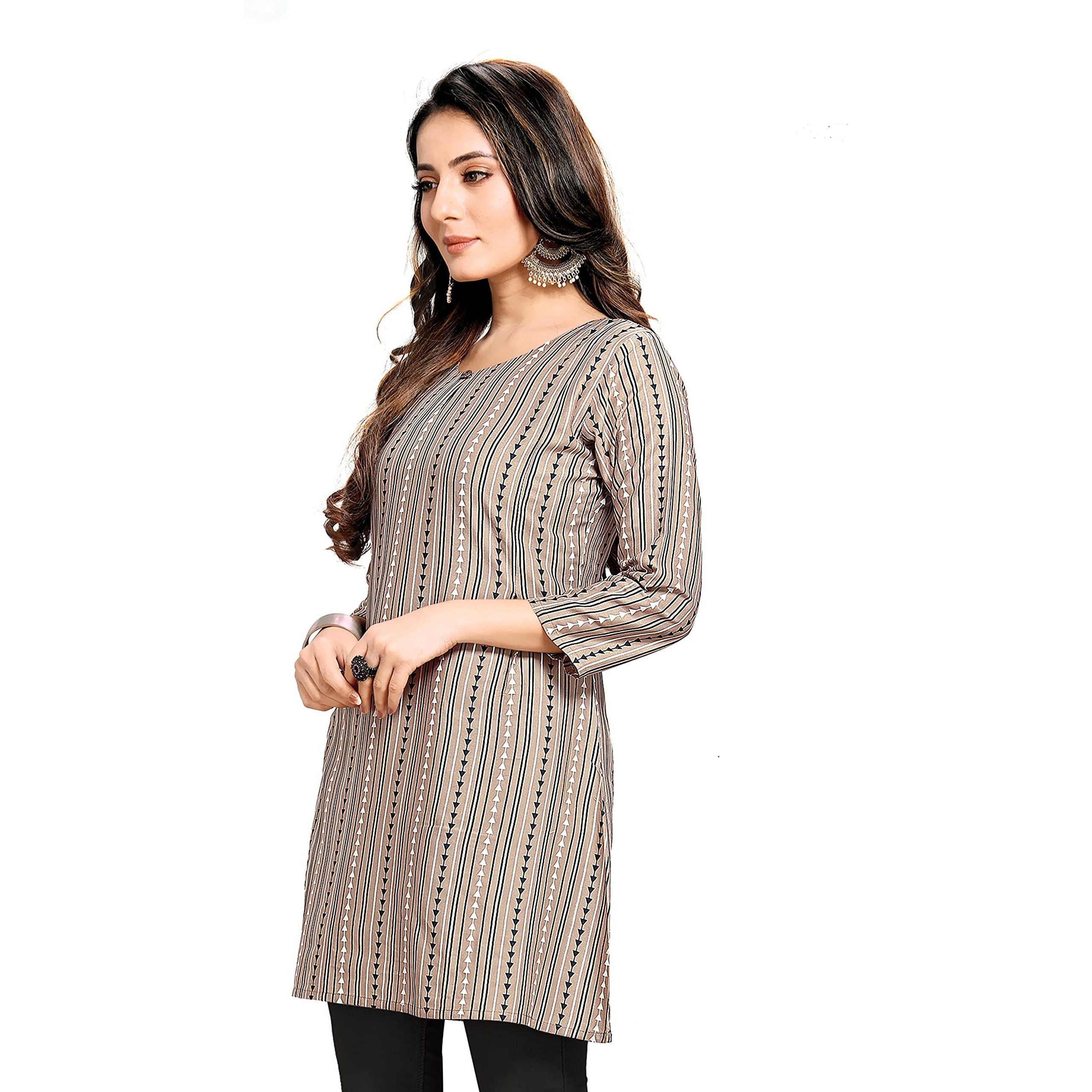 Shiv Textiles Rayon Fabric Printed Round Neck Short Kurtis For Women Top Dresses Kurti For Ladies & Girls Kurtis (Chiku_Xs)