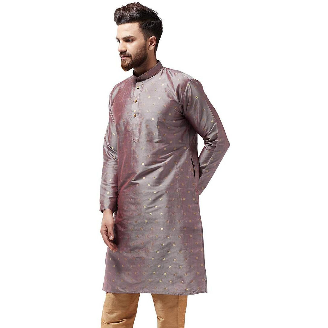 Sojanya (Since 1958 Men's Silk Blend Grey Printed Only Long Kurta Size 42
