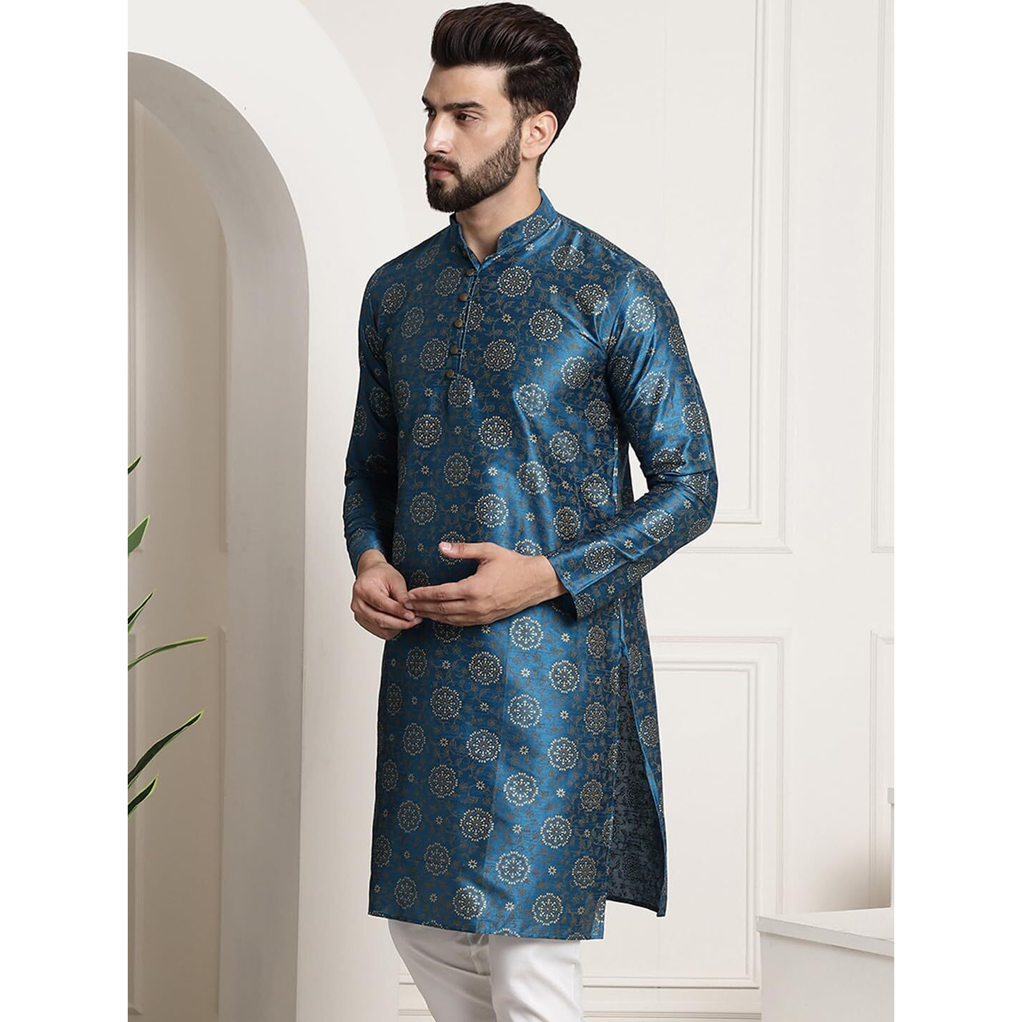 Sojanya (Since 1958 Men's Silk Blend Peacock Blue Color Print Design Only Long Kurta
