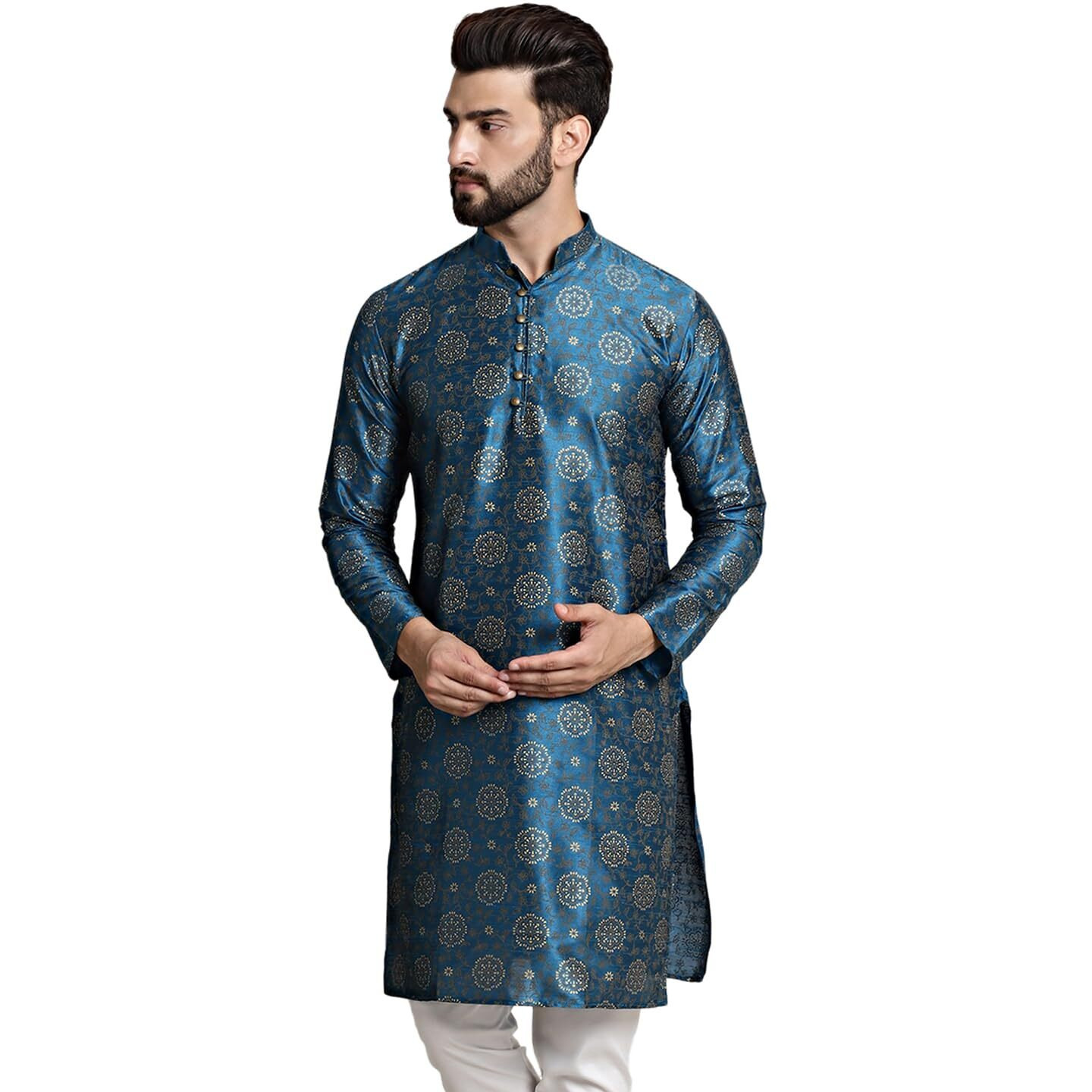 Sojanya (Since 1958 Men's Silk Blend Peacock Blue Color Print Design Only Long Kurta