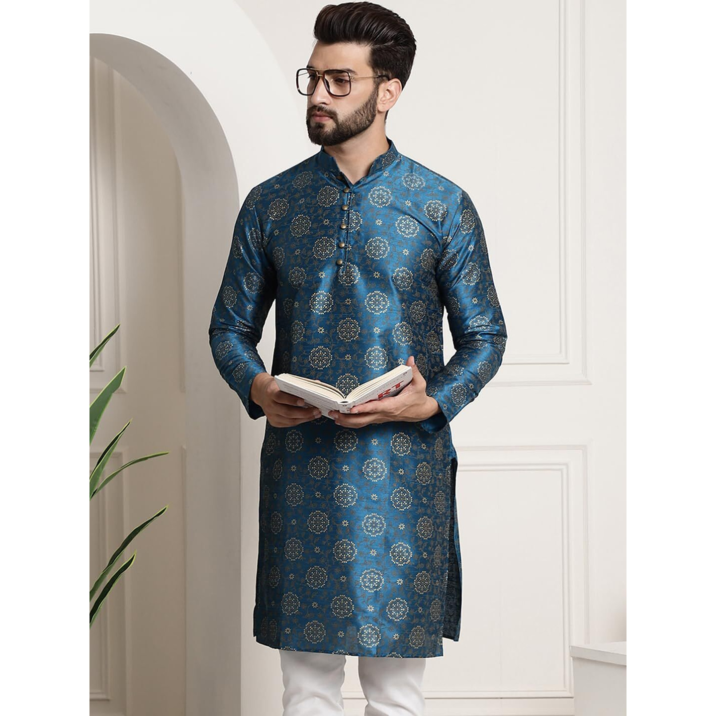 Sojanya (Since 1958 Men's Silk Blend Peacock Blue Color Print Design Only Long Kurta