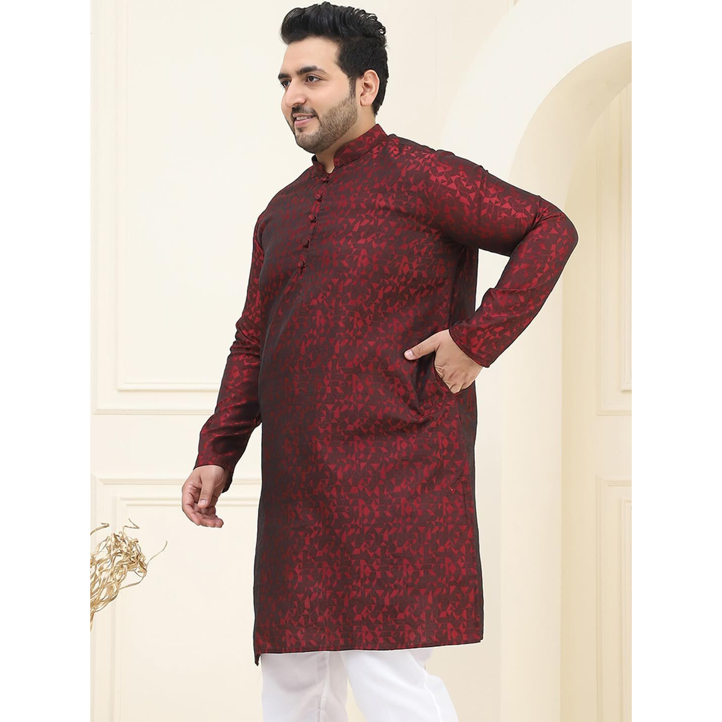 Sojanya Plus (Since 1958) Men's Silk Blend Maroon Self Design Only Long Kurta