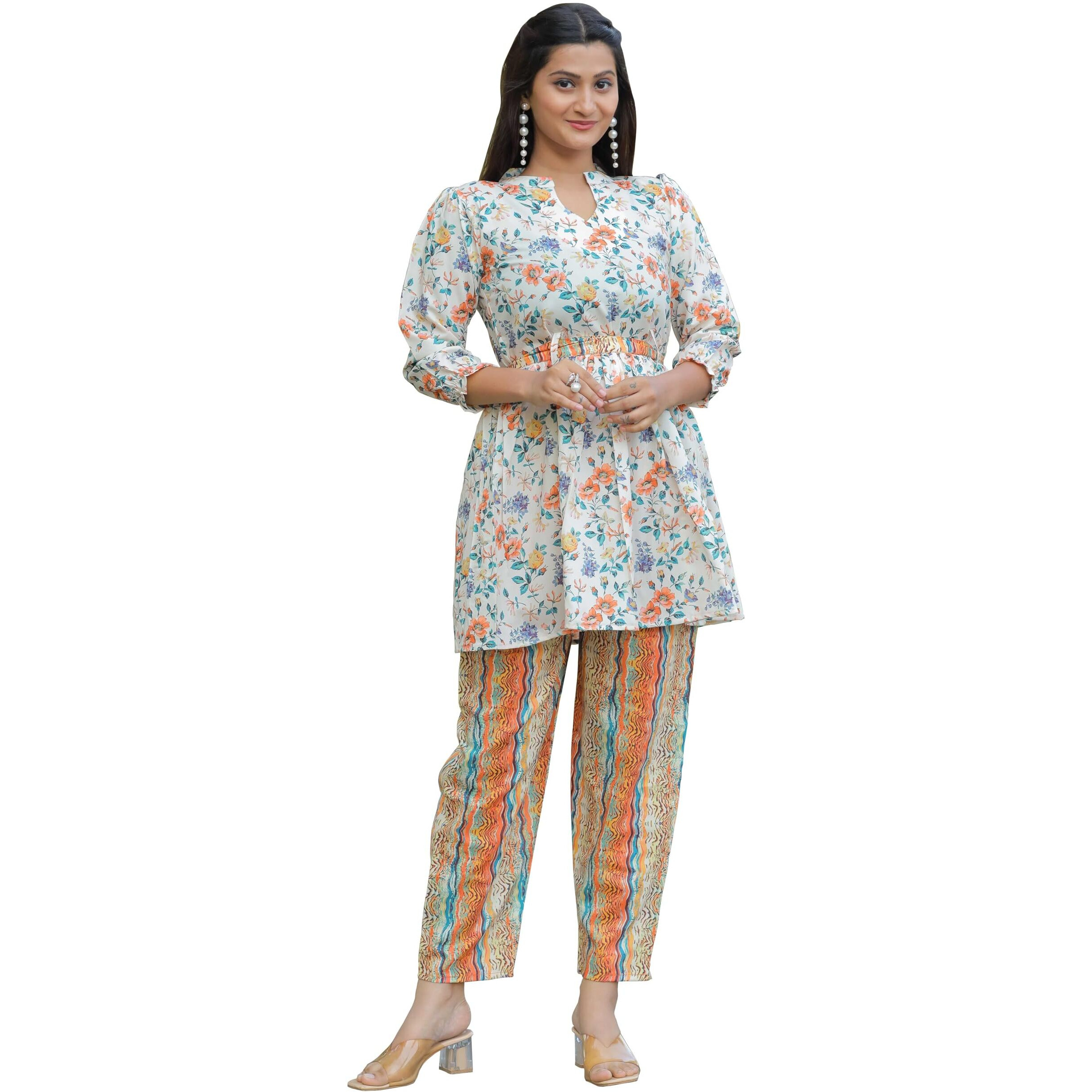 Sugathari Women's Dress Orange Keyhole Neck Co-Ods Set For Women (Co-Ods 102 White Orange Xl)