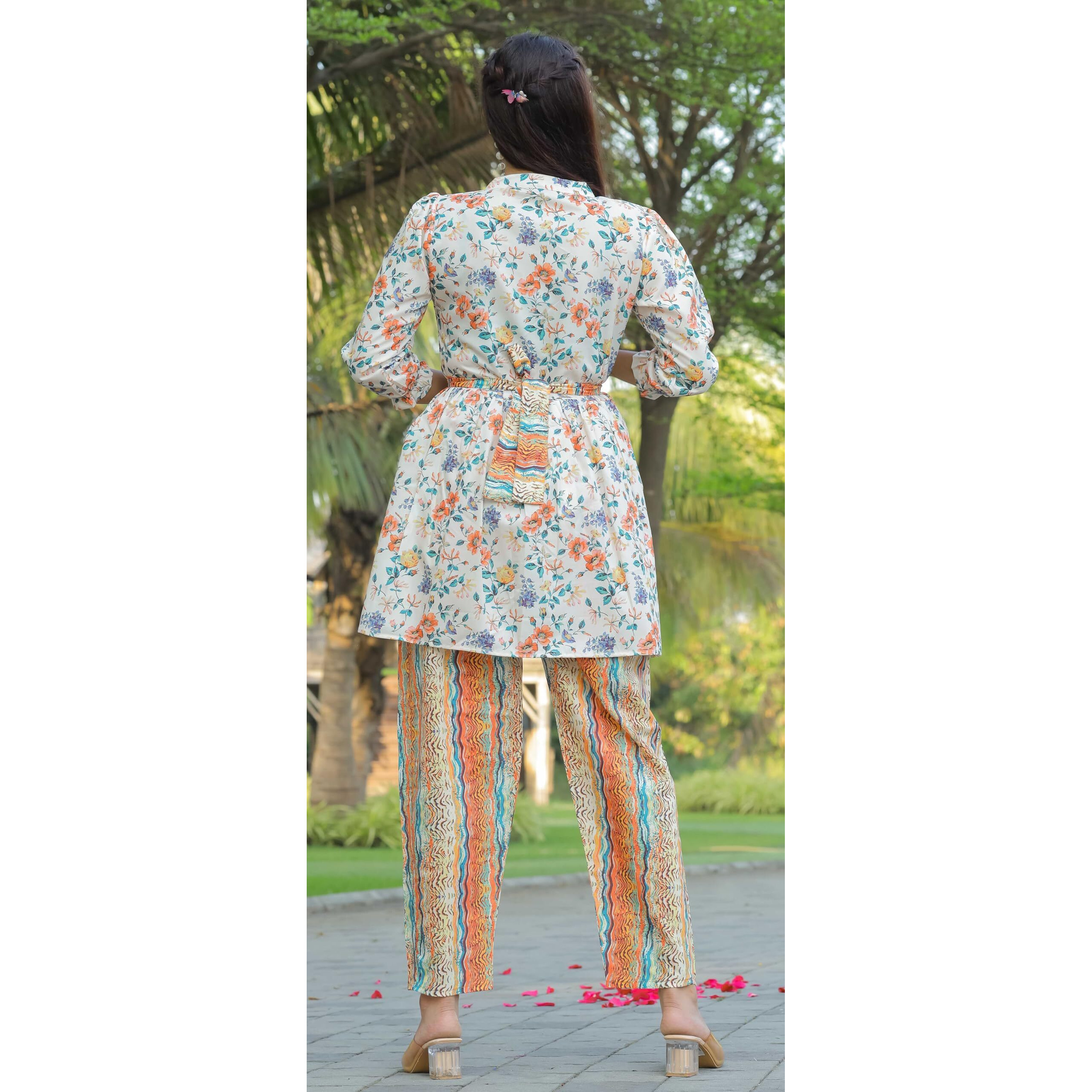 Sugathari Women's Dress Orange Keyhole Neck Co-Ods Set For Women (Co-Ods 102 White Orange Xl)