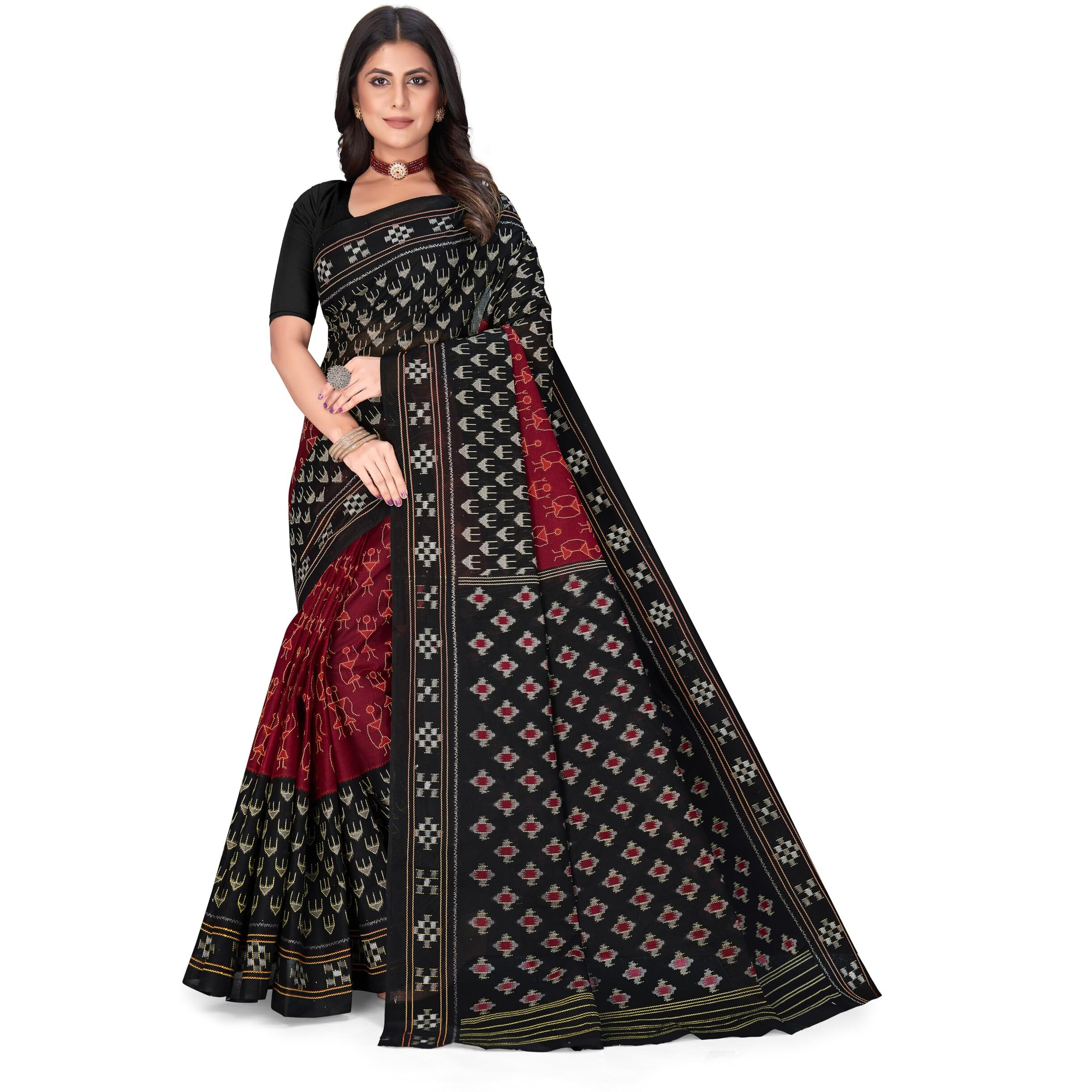 Tamaira Fashion Women's Warli Printed Sambalpuri Pure Cotton Mulmul Saree Without Blouse Piece(11481_Maroon)