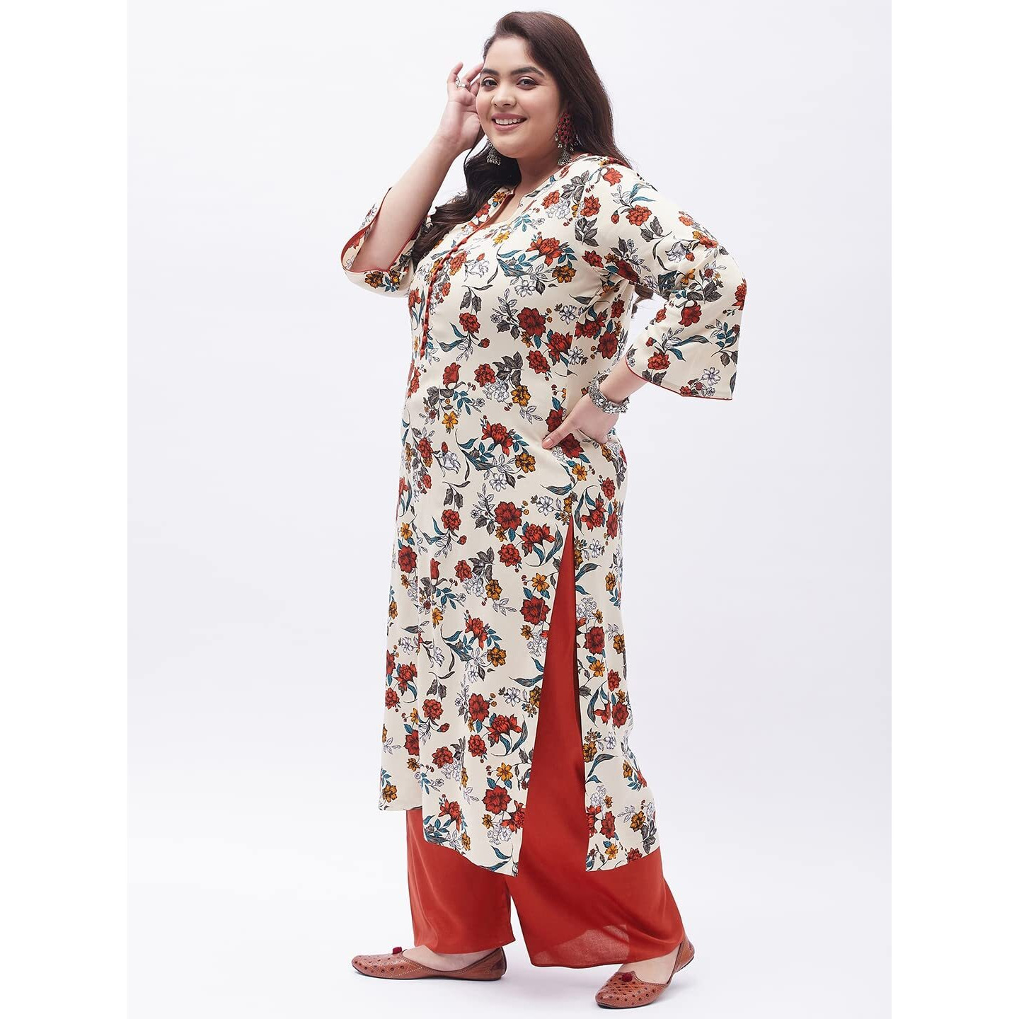 Tissu Women's Plus Size Cream & Orange Printed Kurta With Palazzo (T-Plus-634_Cream_7Xl)