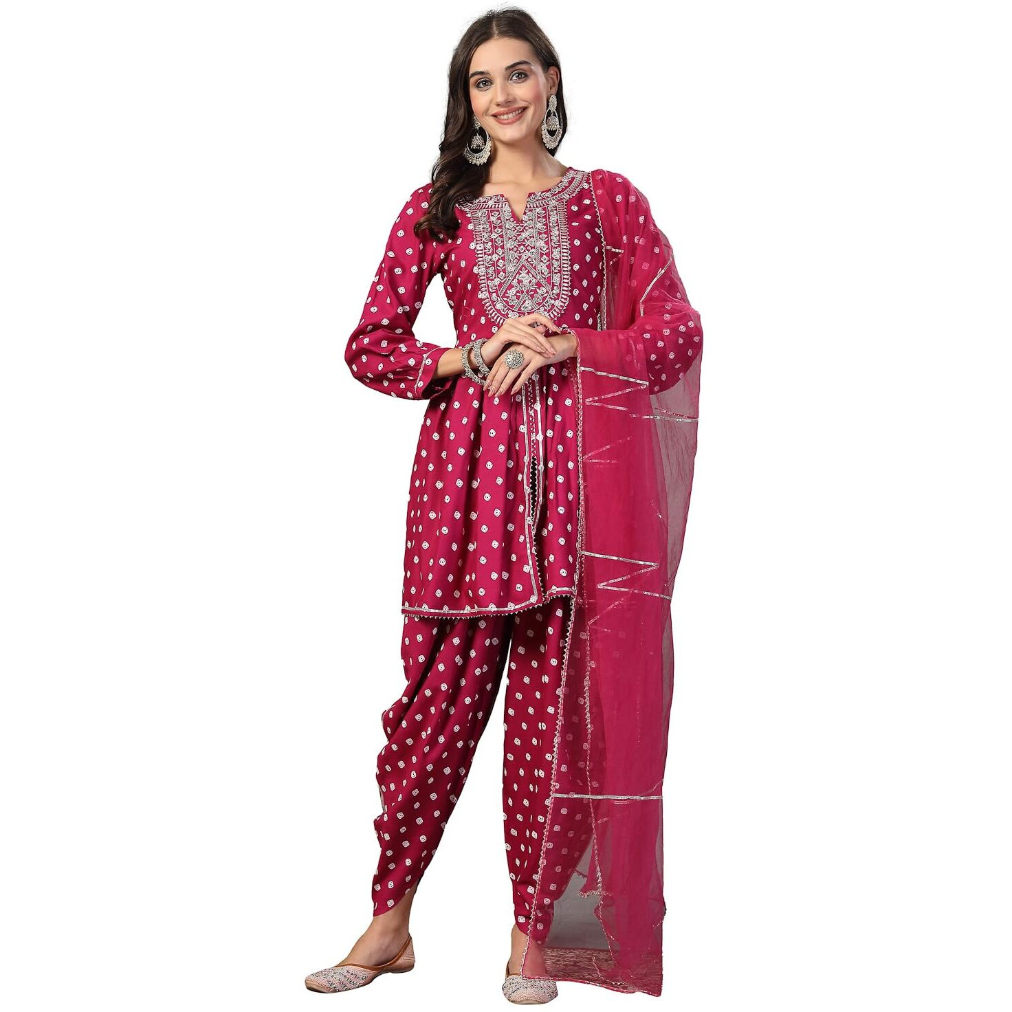 Stylum Women's Bandhani Printed & Embroidered Rayon Pleated Kurti With Dhoti Pant & Dupatta Set (Kpdgemink38_Gem, M)