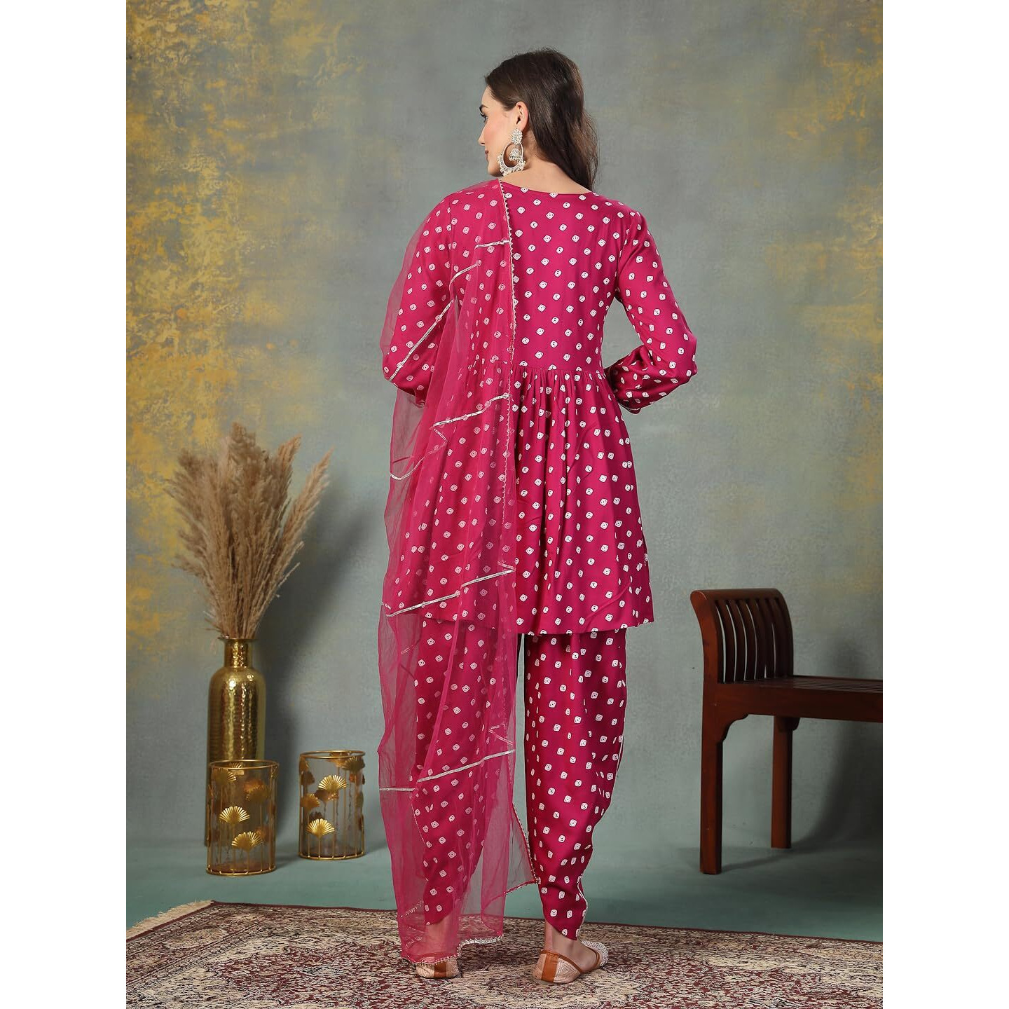 Stylum Women's Bandhani Printed & Embroidered Rayon Pleated Kurti With Dhoti Pant & Dupatta Set (Kpdgemink38_Gem, M)