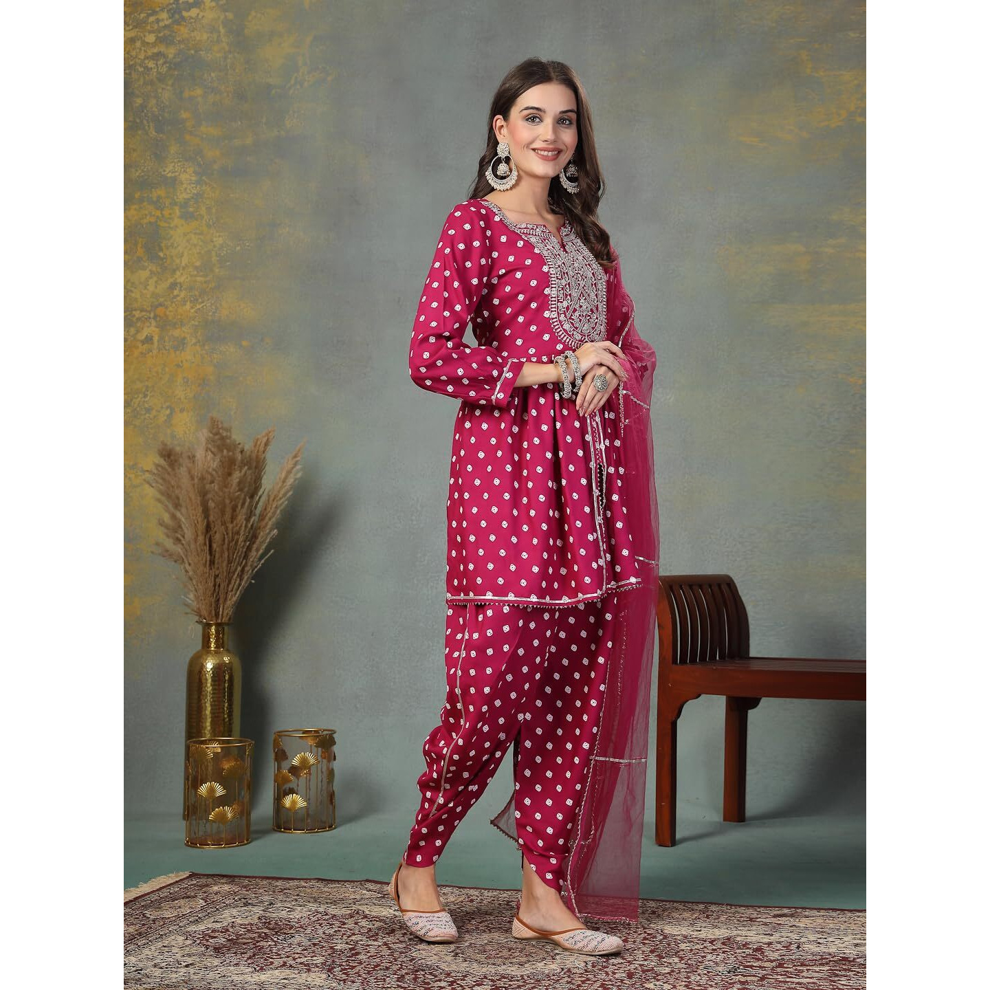 Stylum Women's Bandhani Printed & Embroidered Rayon Pleated Kurti With Dhoti Pant & Dupatta Set (Kpdgemink38_Gem, M)