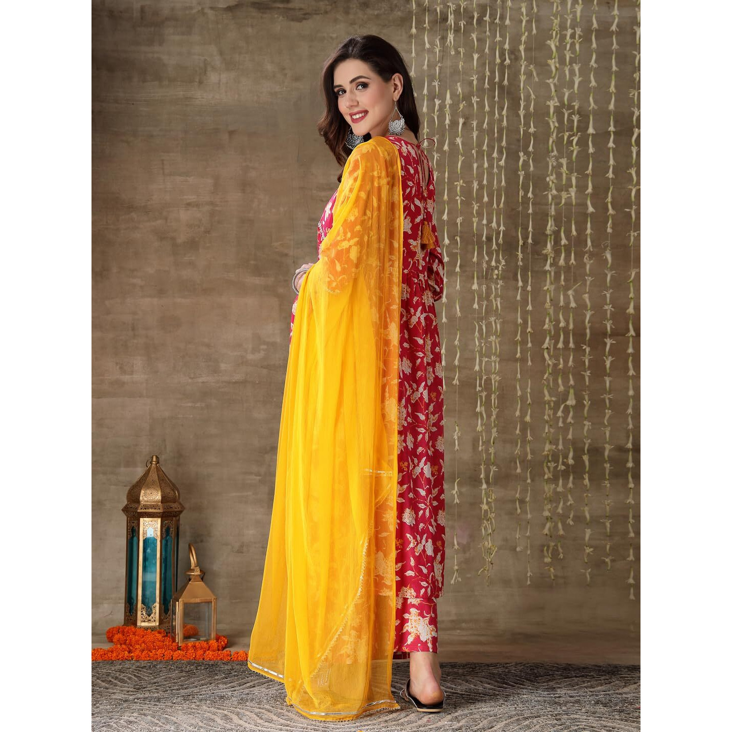 Stylum Women Floral Printed Cotton Alia Cut Kurta Palazzo Dupatta Set (Kpdpinkzayla46_Pink, 3Xl)