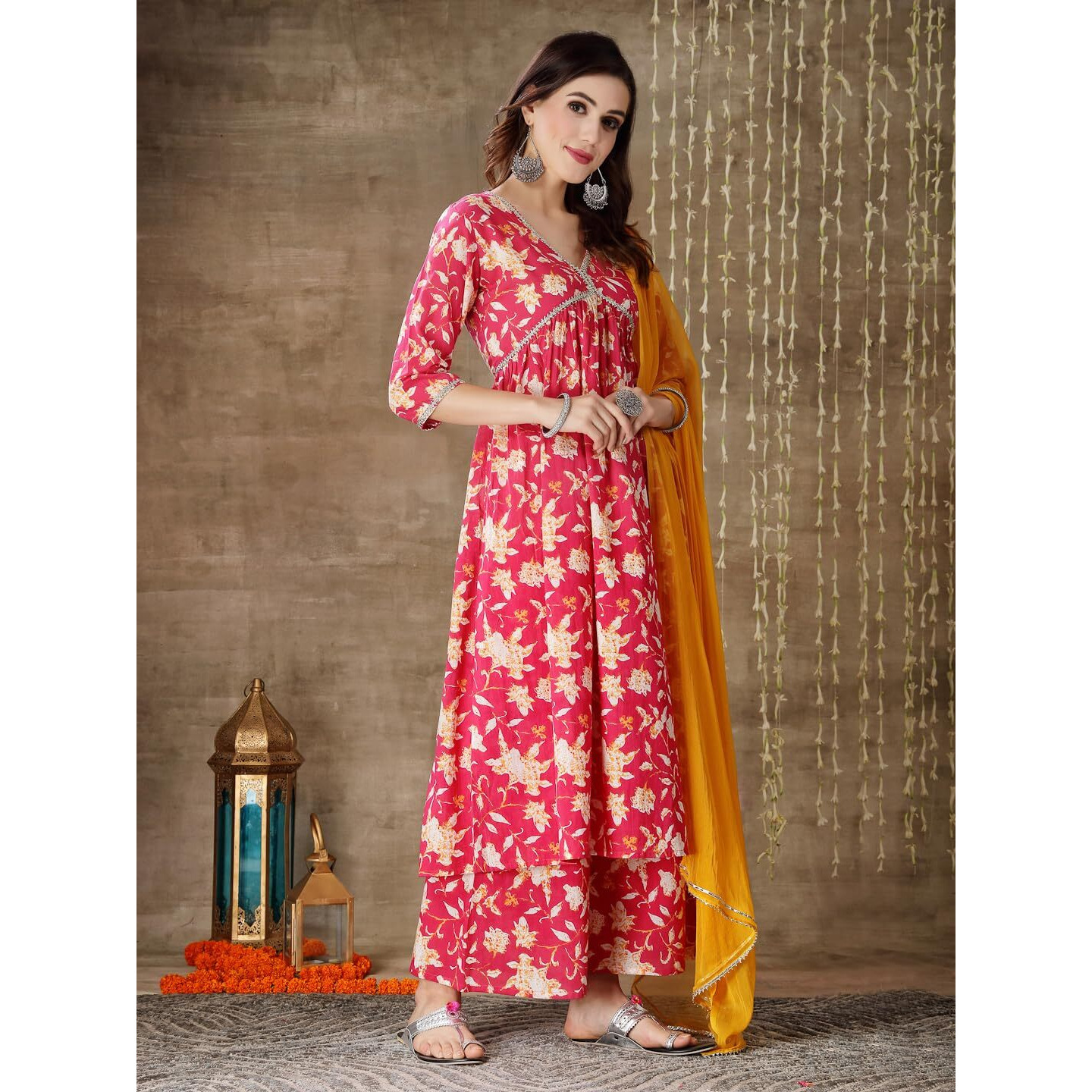 Stylum Women Floral Printed Cotton Alia Cut Kurta Palazzo Dupatta Set (Kpdpinkzayla46_Pink, 3Xl)