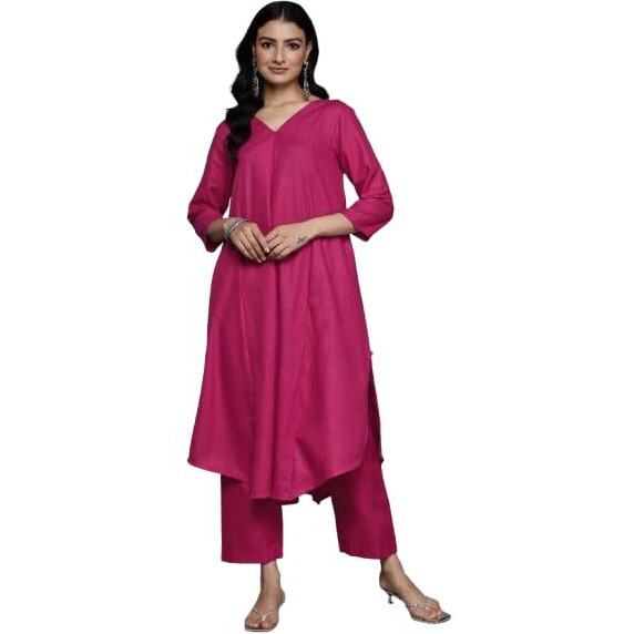 Varanga Women Magenta Solid A-Line Kurta Paired With Tonal Bottom