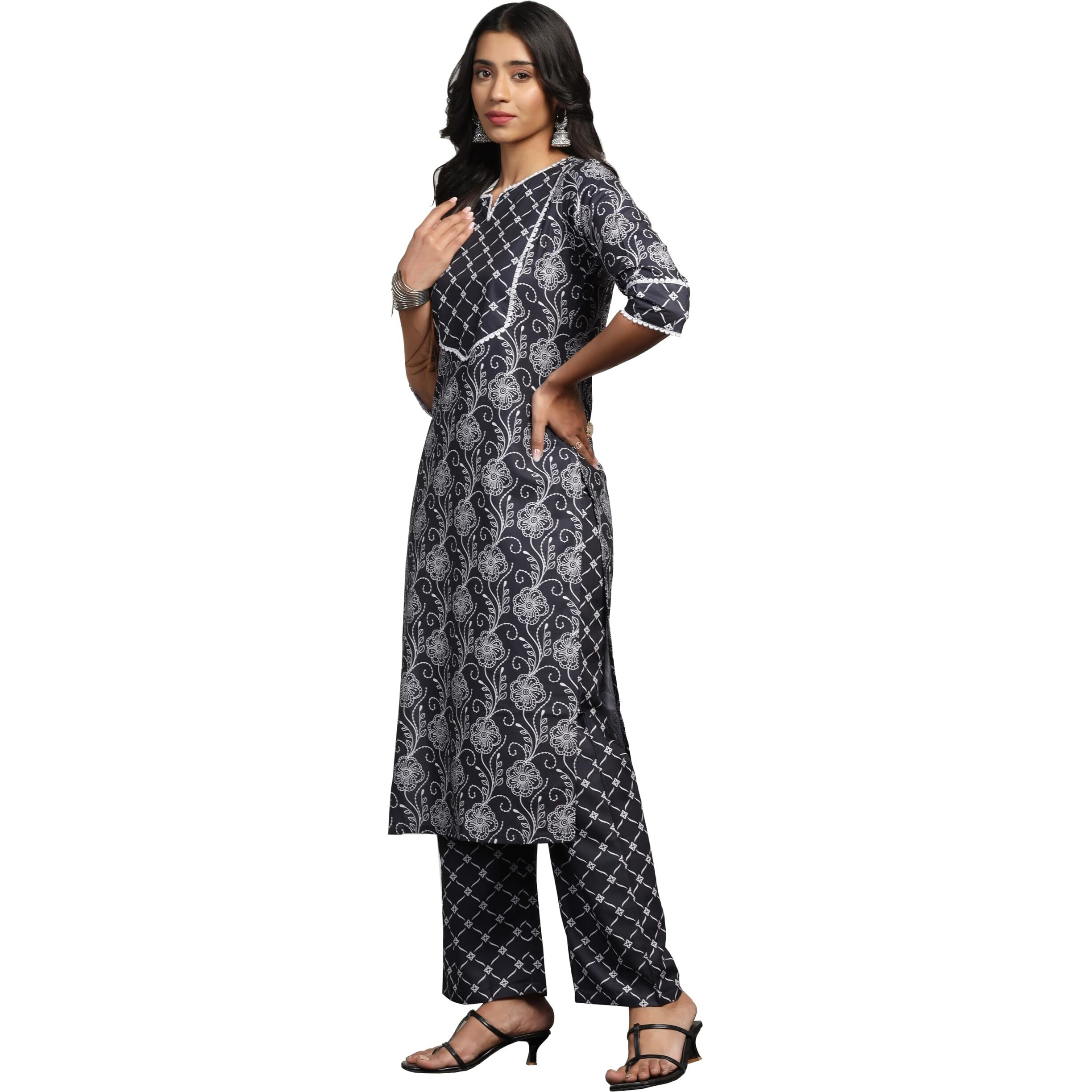 Tadkee Women's Round Neck Printed Kurta With Palazzo | Kurta Set For Women (Nx-Plazzo-Pair-Box-108-Navy-Xxl)
