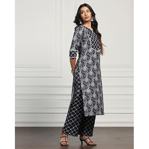 Tadkee Women's Round Neck Printed Kurta With Palazzo | Kurta Set For Women (Nx-Plazzo-Pair-Box-108-Navy-Xxl)