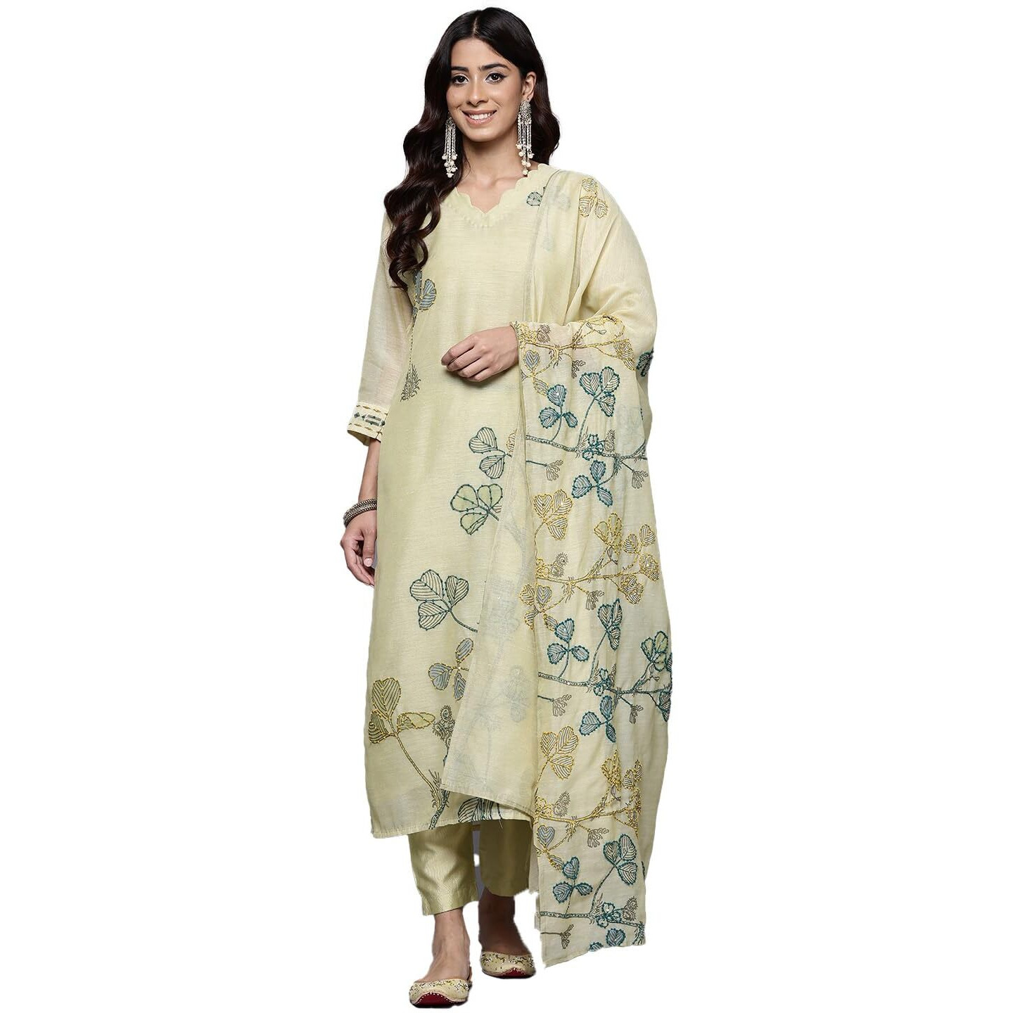 Varanga Women Olive Floral Printed Thread Embroidered Kurta With Bottom And Dupatta, Scallop V Neck, Three-Quarter Sleeves, Straight Kurta, Tonal Bottom, And Printed Dupatta