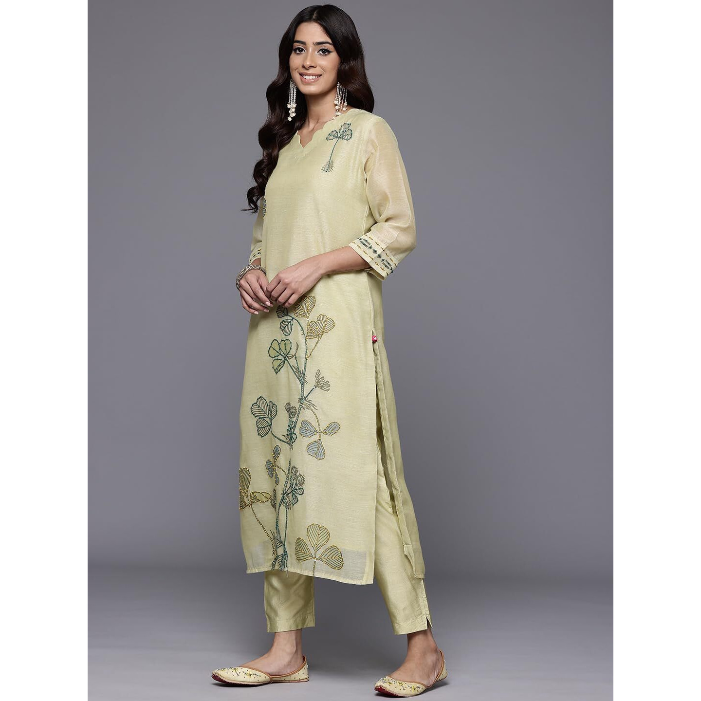 Varanga Women Olive Floral Printed Thread Embroidered Kurta With Bottom And Dupatta, Scallop V Neck, Three-Quarter Sleeves, Straight Kurta, Tonal Bottom, And Printed Dupatta
