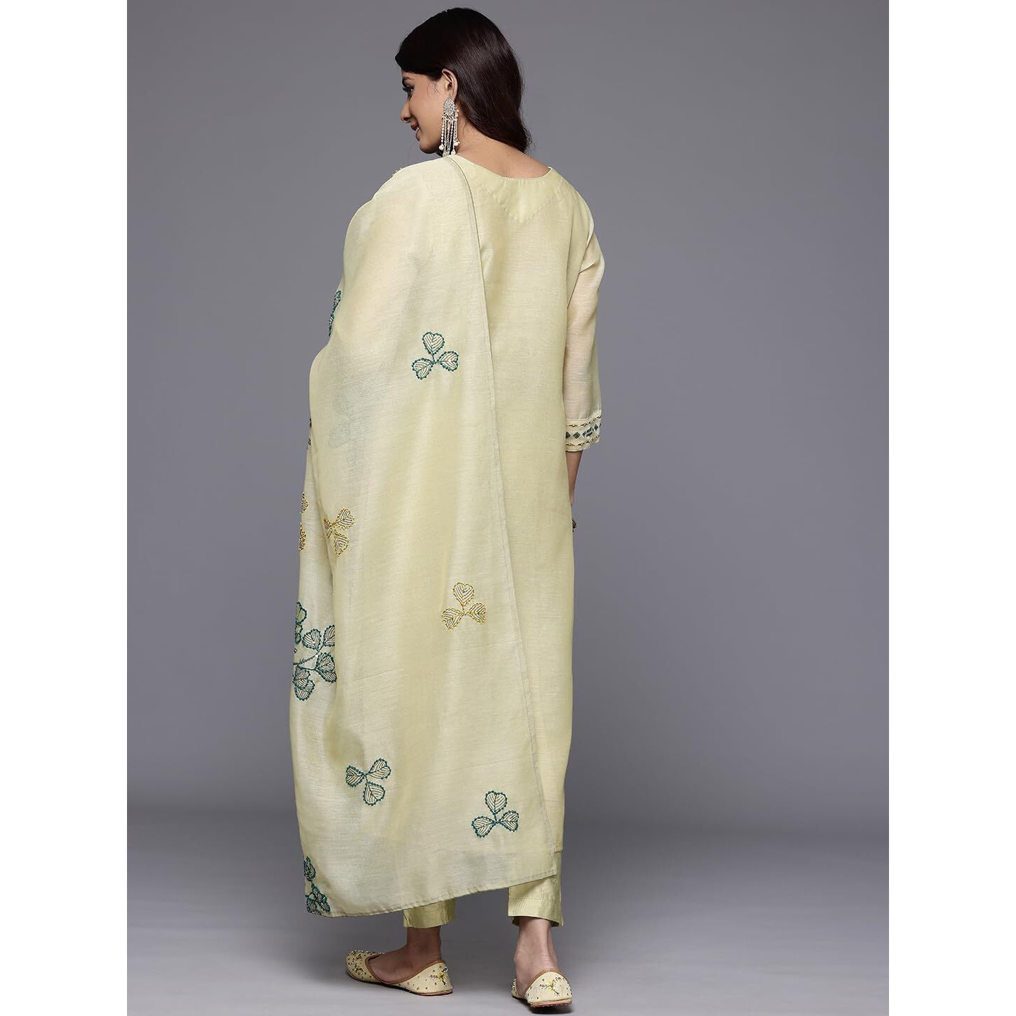 Varanga Women Olive Floral Printed Thread Embroidered Kurta With Bottom And Dupatta, Scallop V Neck, Three-Quarter Sleeves, Straight Kurta, Tonal Bottom, And Printed Dupatta